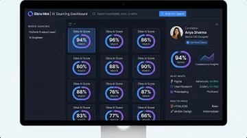 Obra Hire AI outbound sourcing platform dashboard showing candidate profile search results