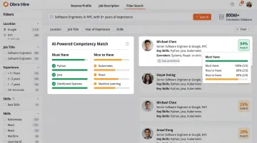Obra Hire outbound sourcing platform showing competency-based candidate matching dashboard