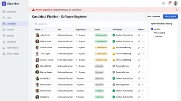 Obra Hire verified profile filtering interface showing candidate authenticity screening dashboard