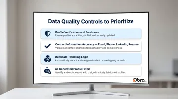Recruitment data quality controls checklist covering verification freshness duplicates and AI profile filters
