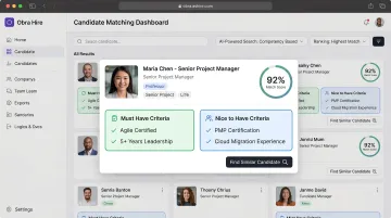 Obra Hire AI candidate matching interface showing Must Have and Nice to Have criteria breakdown