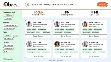 Obra Hire AI recruiting platform dashboard showing candidate search and profile results