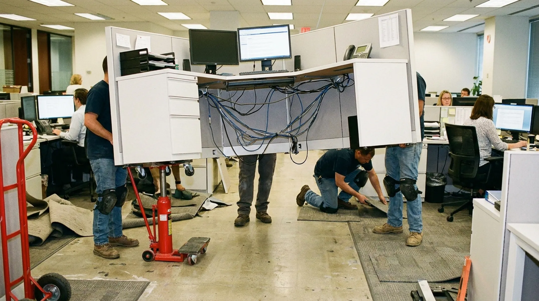 Technicians lifting workstations for occupied-space flooring replacement