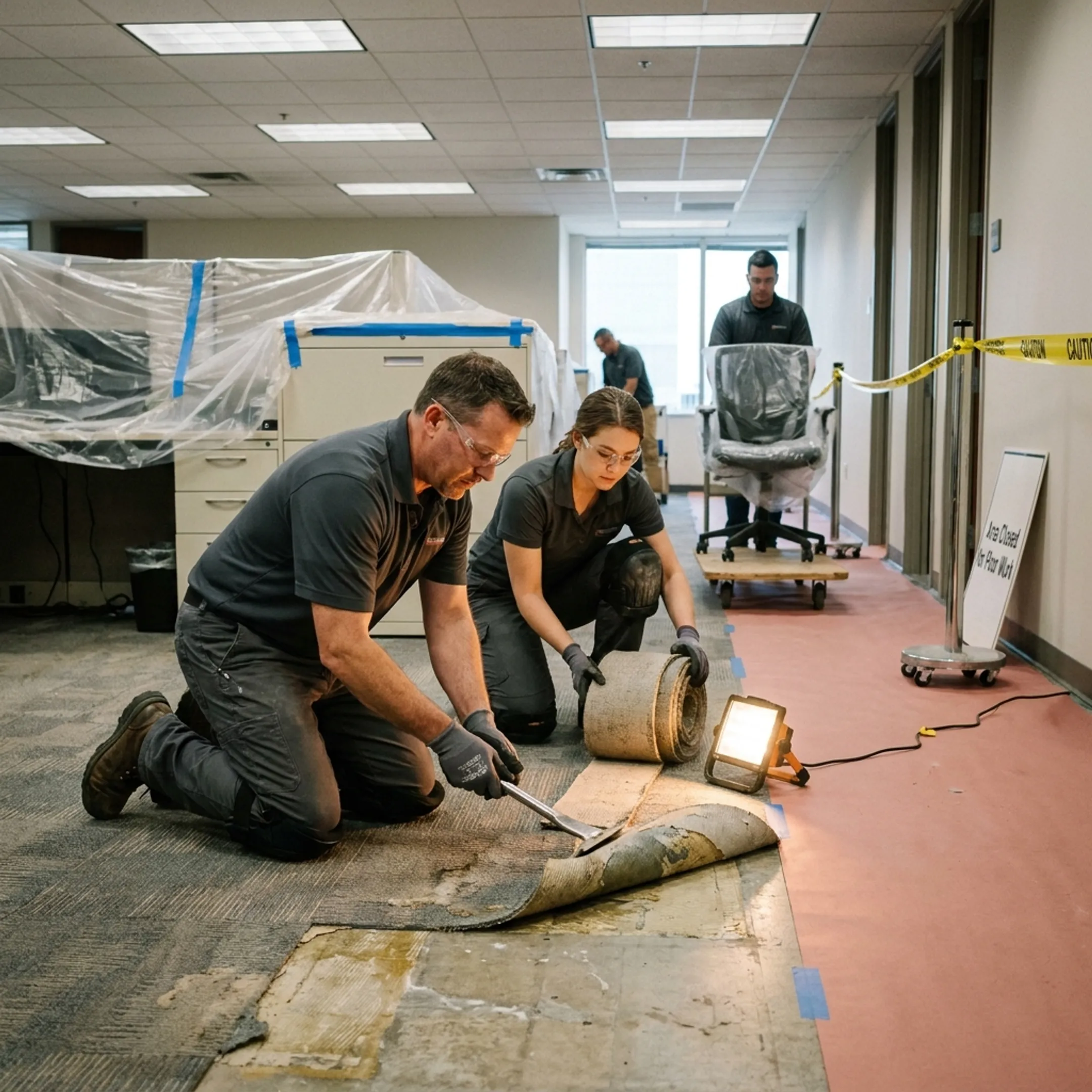Crew replacing carpet in an occupied commercial facility
