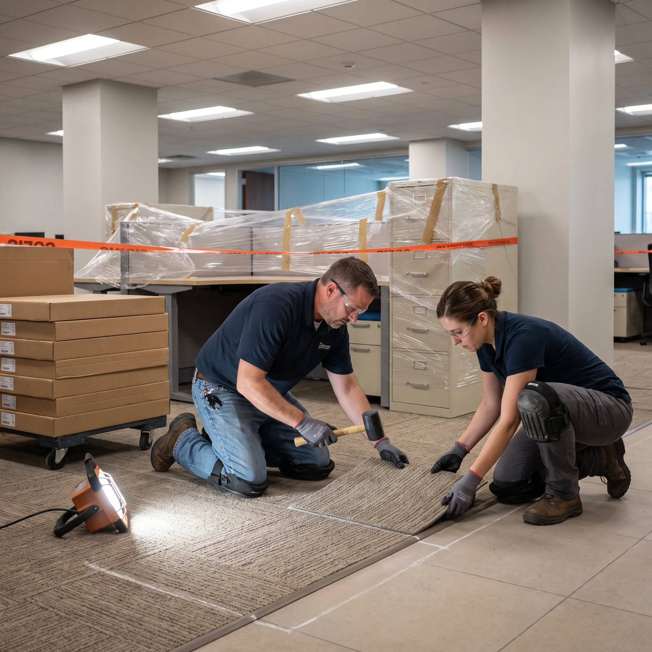 Commercial carpet installation team working in an occupied office
