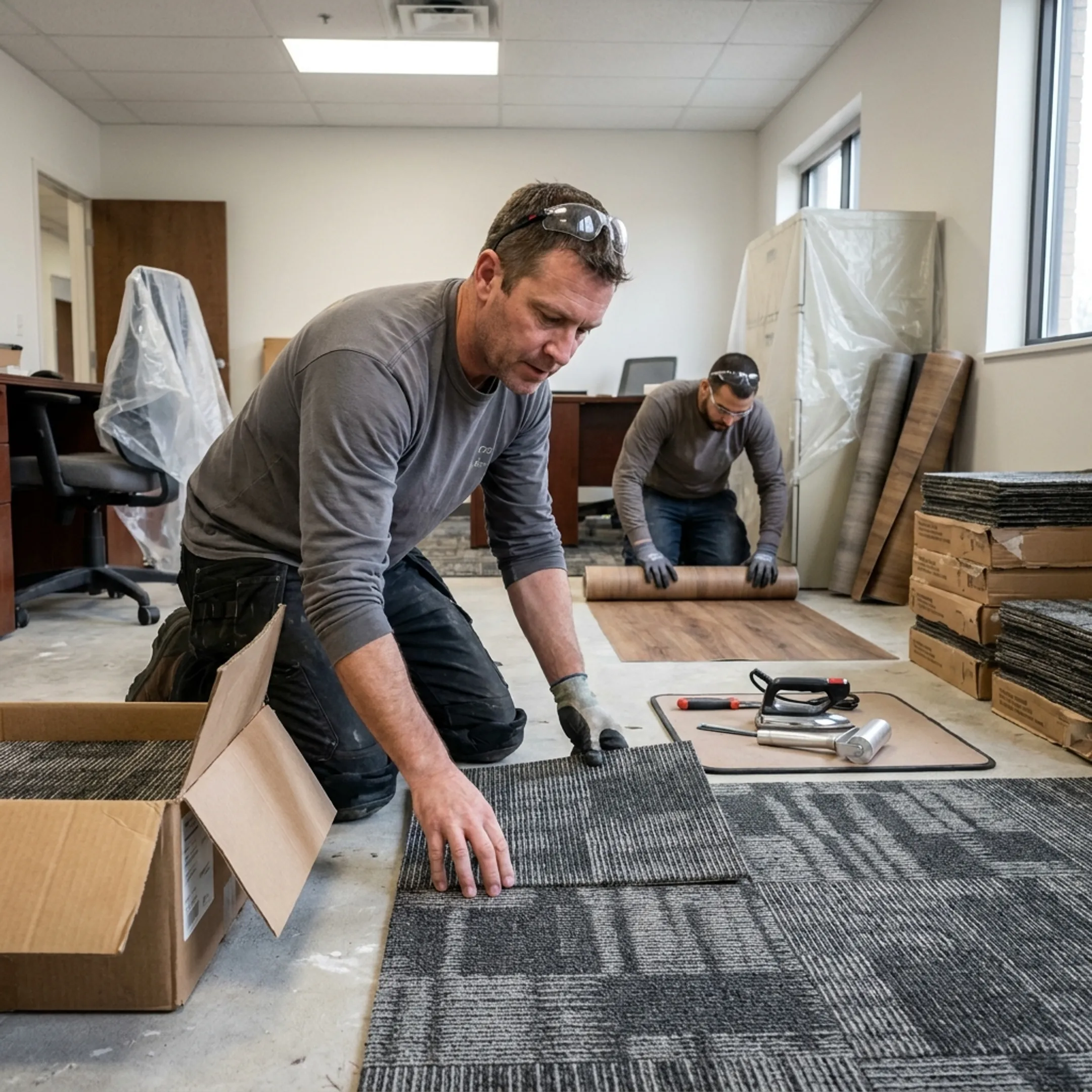Commercial carpet and flooring materials prepared for an occupied facility installation