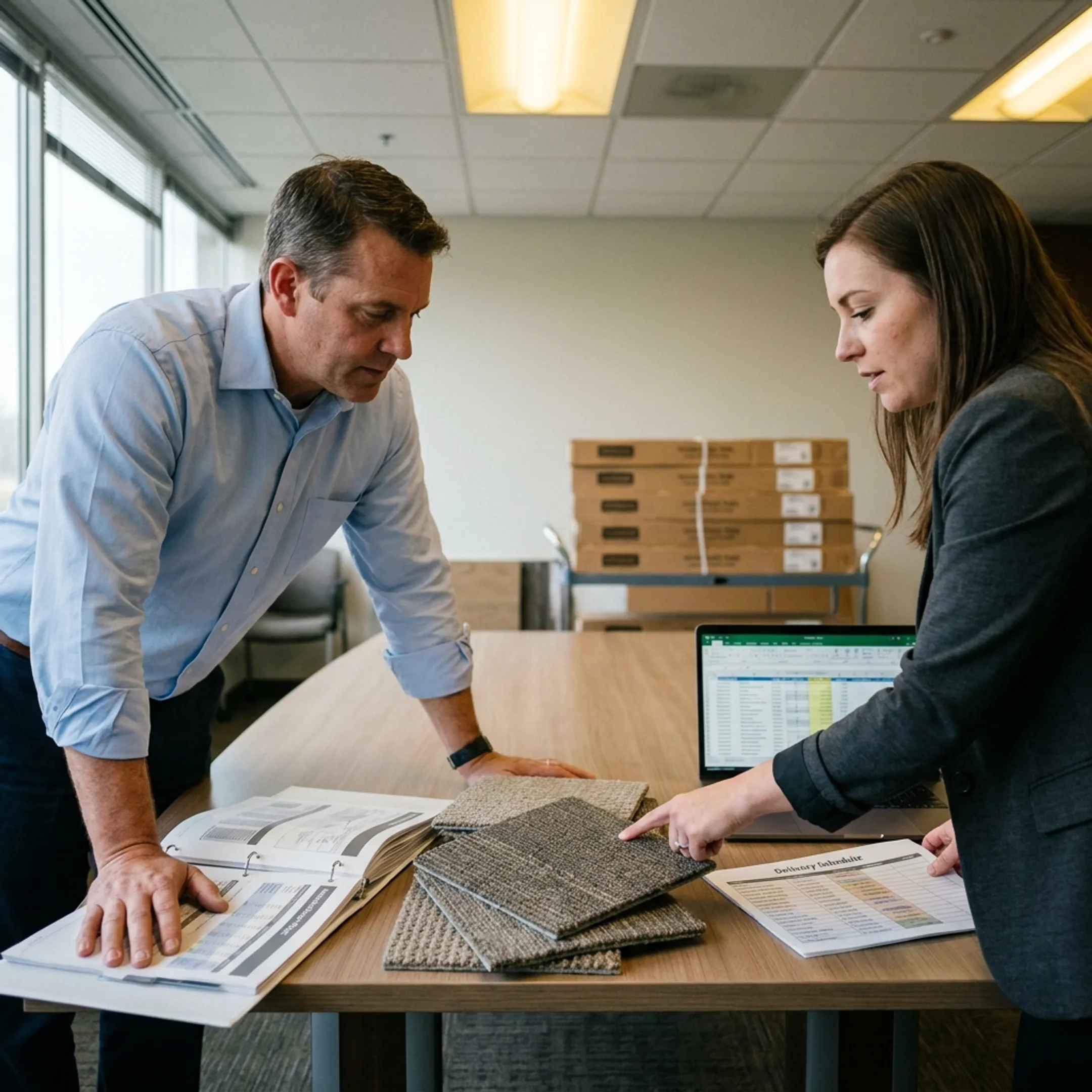 Flooring specialist reviewing carpet samples and delivery plans