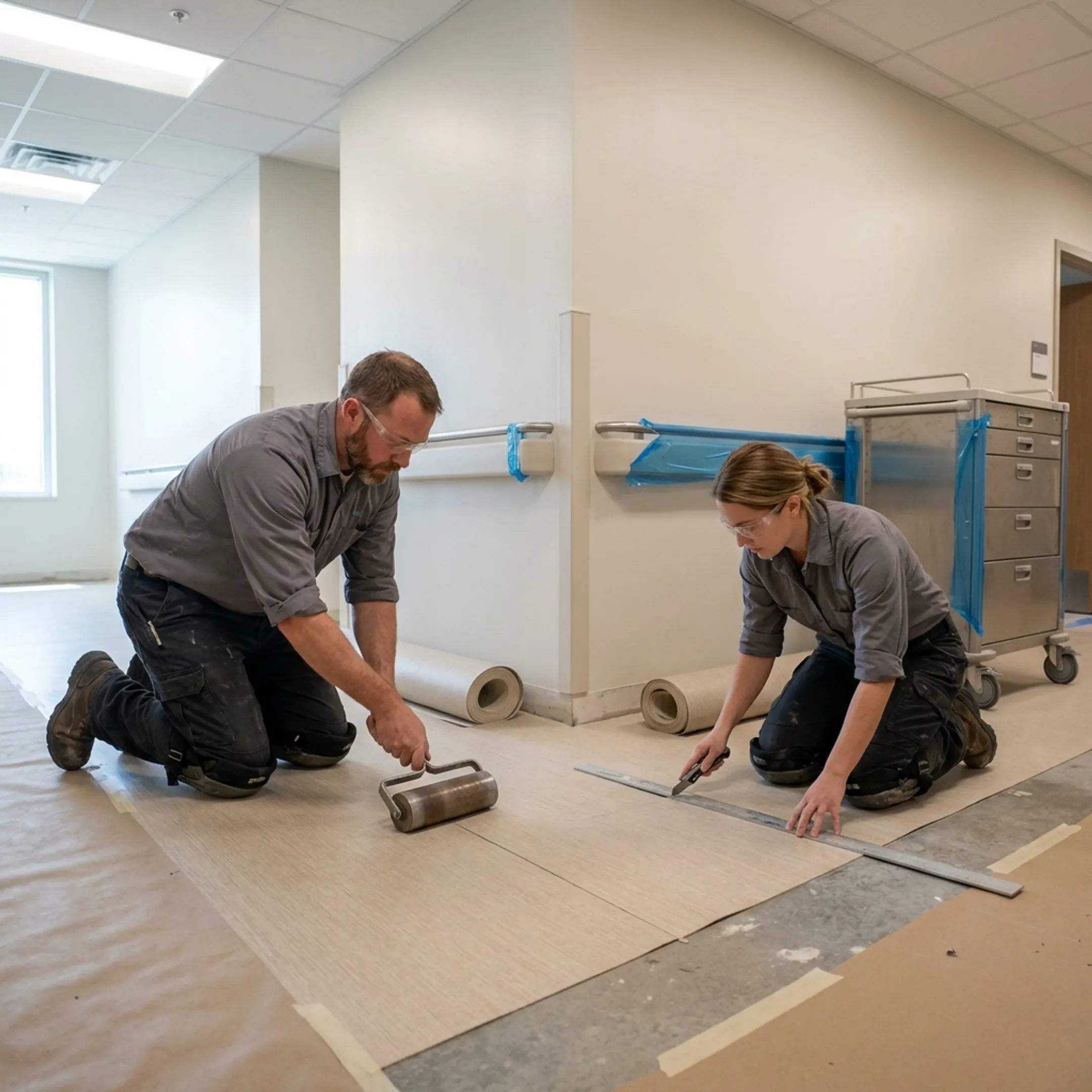 Flooring professionals installing durable flooring in a clean hospital corridor