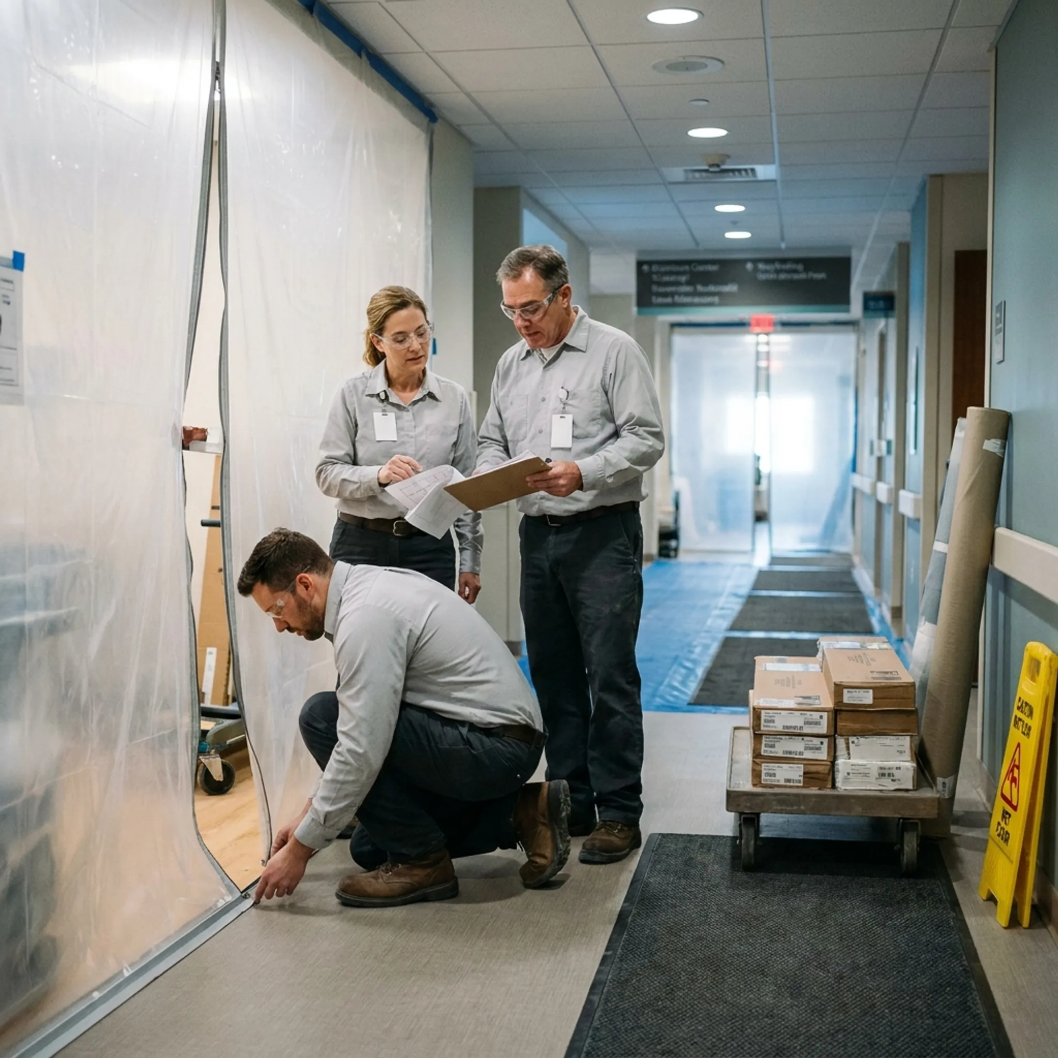 Crew coordinating hospital flooring installation around active facility operations