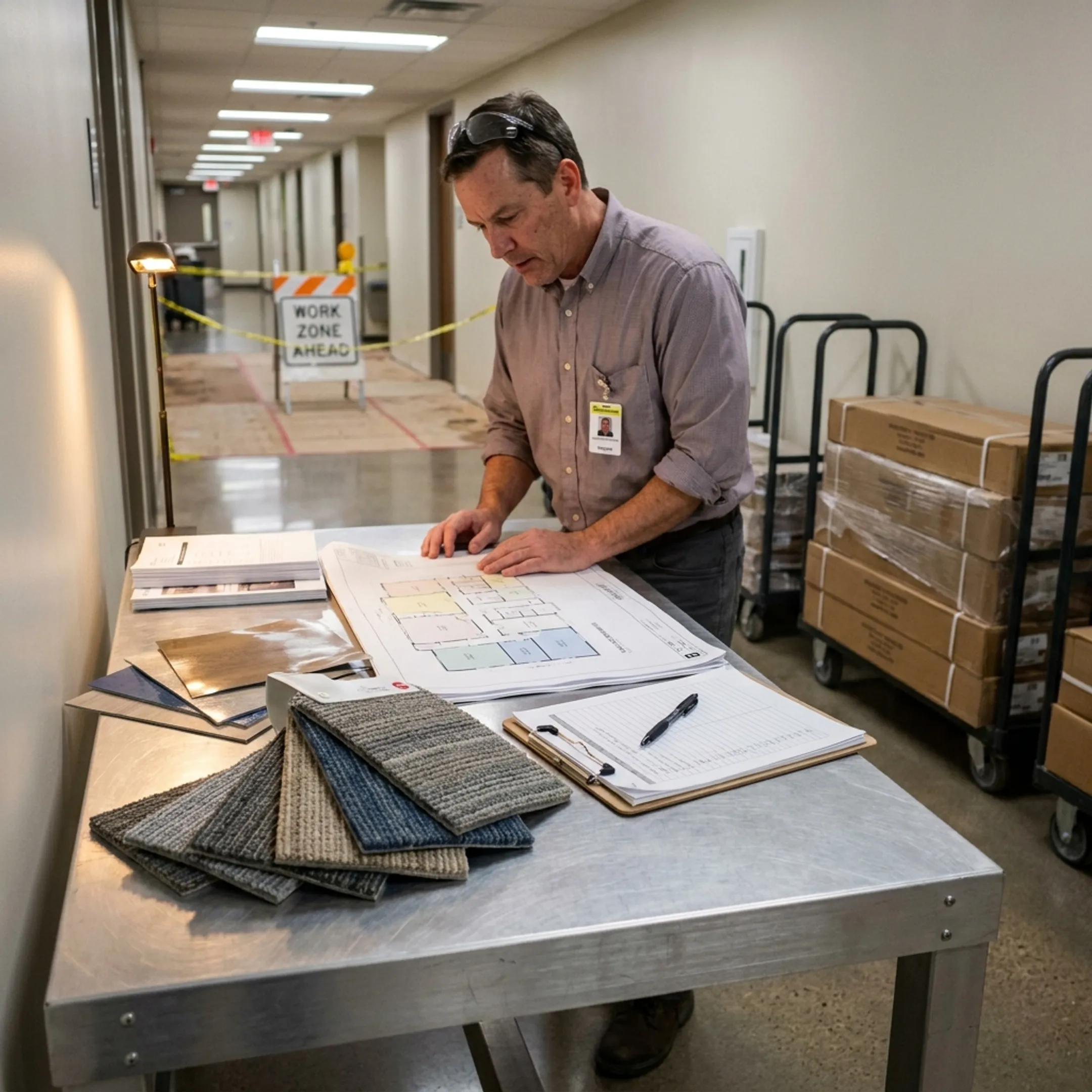Flooring materials organized for commercial installation