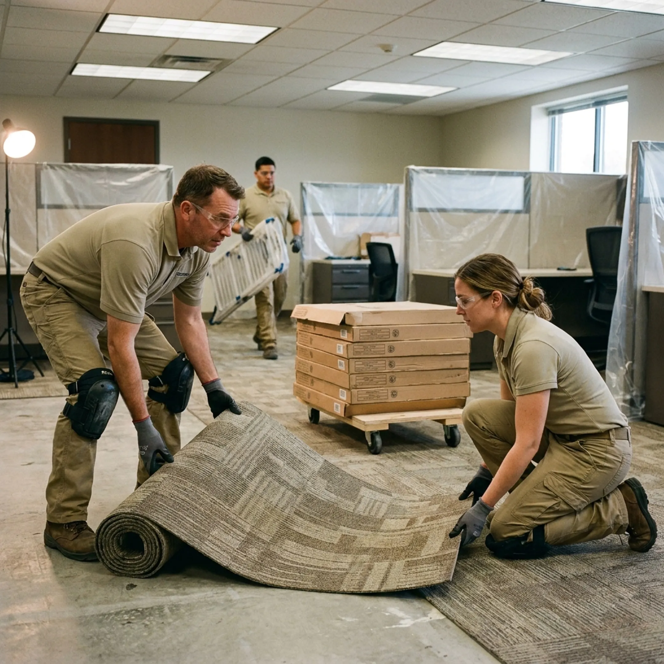 Commercial flooring team coordinating carpet installation in an occupied office
