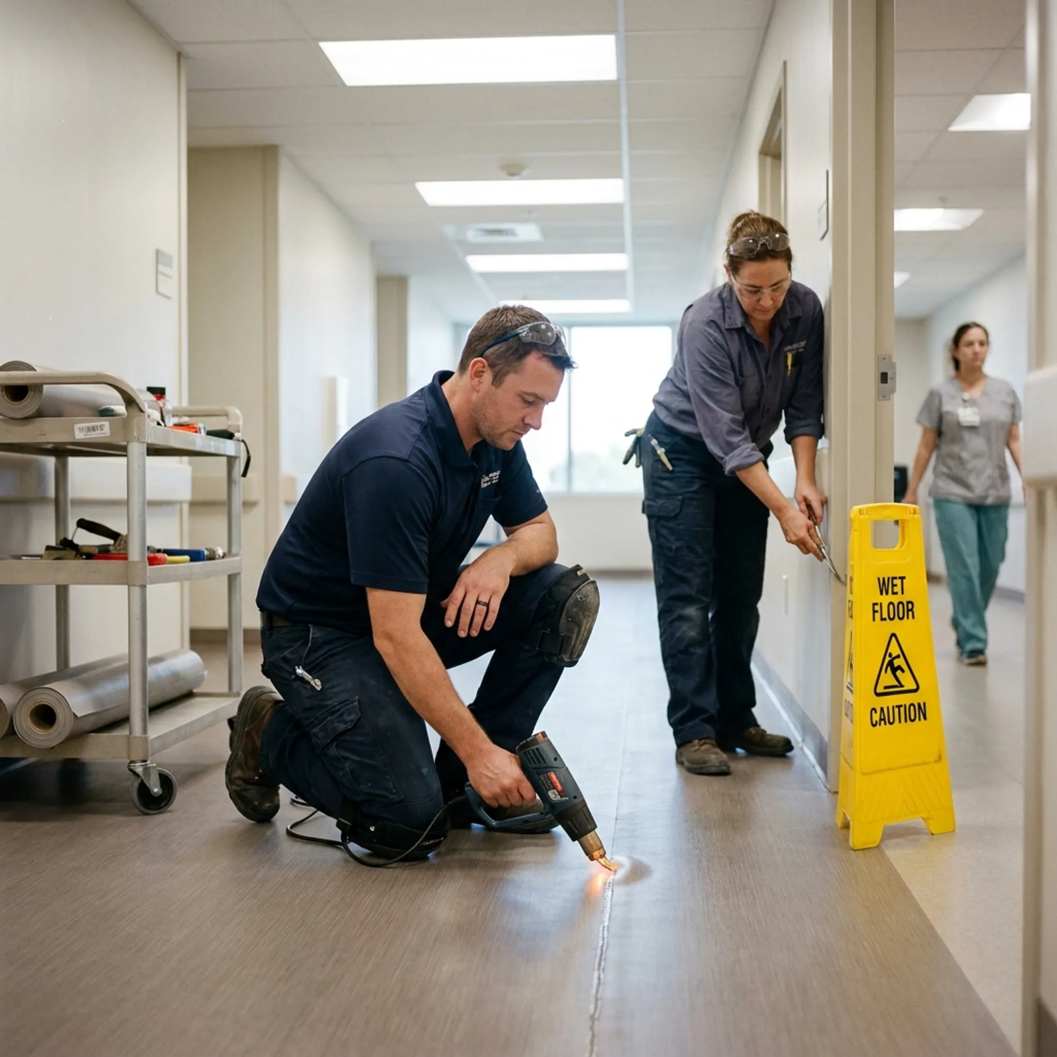 Vinyl flooring installation in a hospital corridor