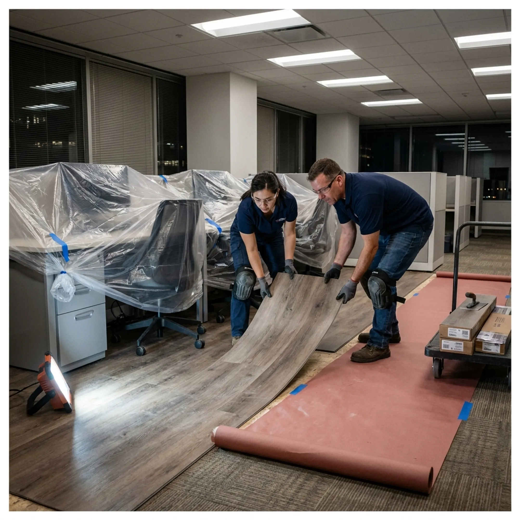 Commercial flooring crew installing flooring in an occupied office