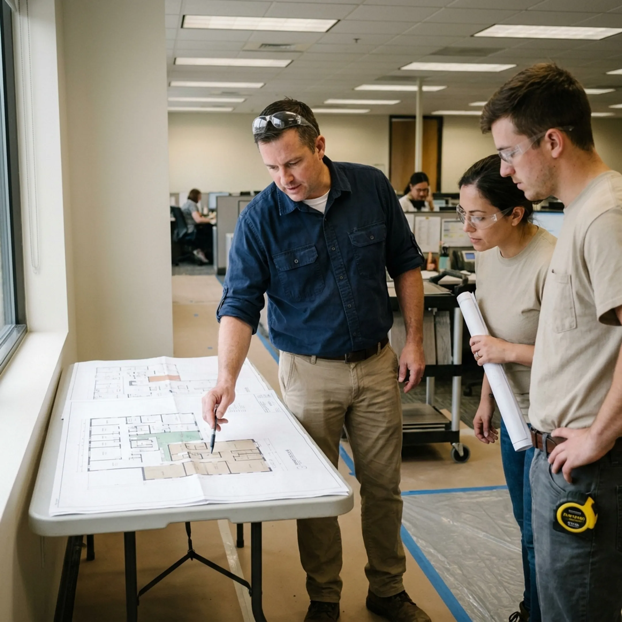 Project manager reviewing commercial flooring plans with installation crew