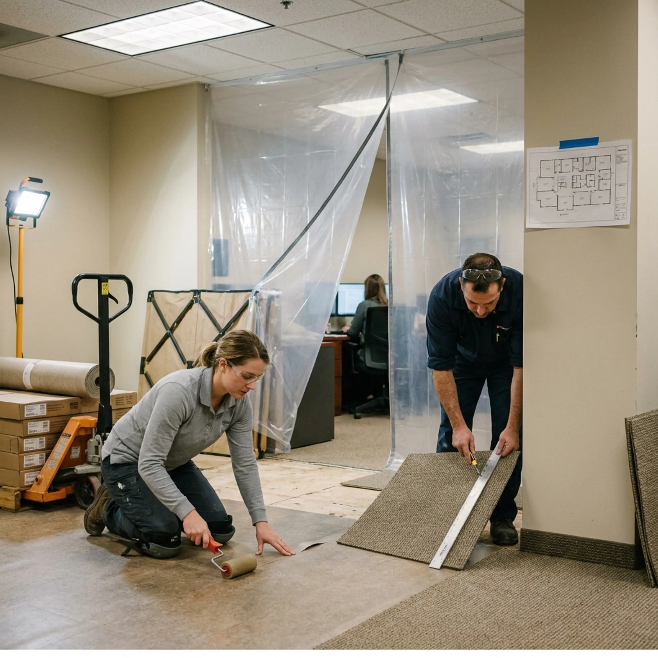 Commercial flooring installation in an occupied office facility