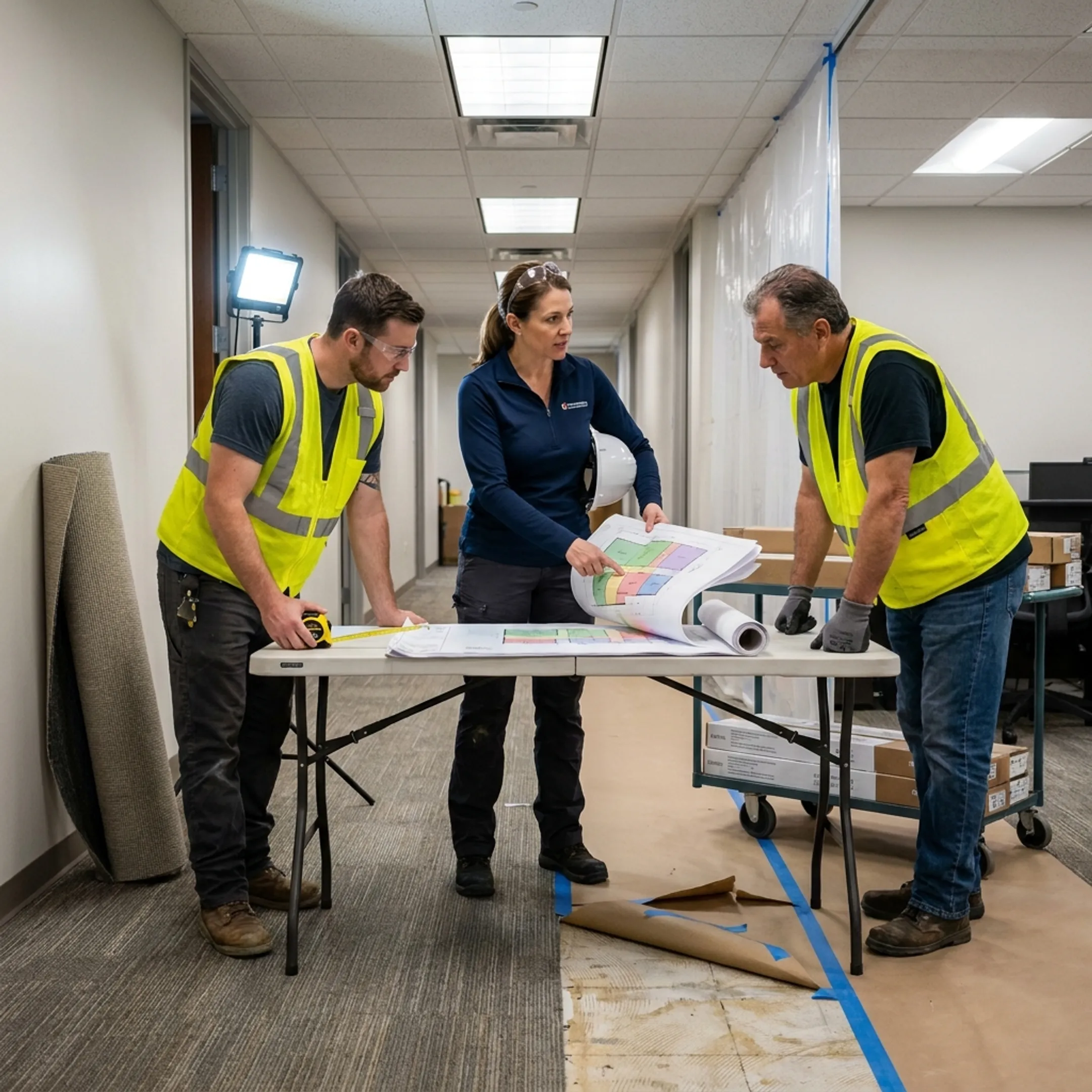 Project manager coordinating commercial flooring work
