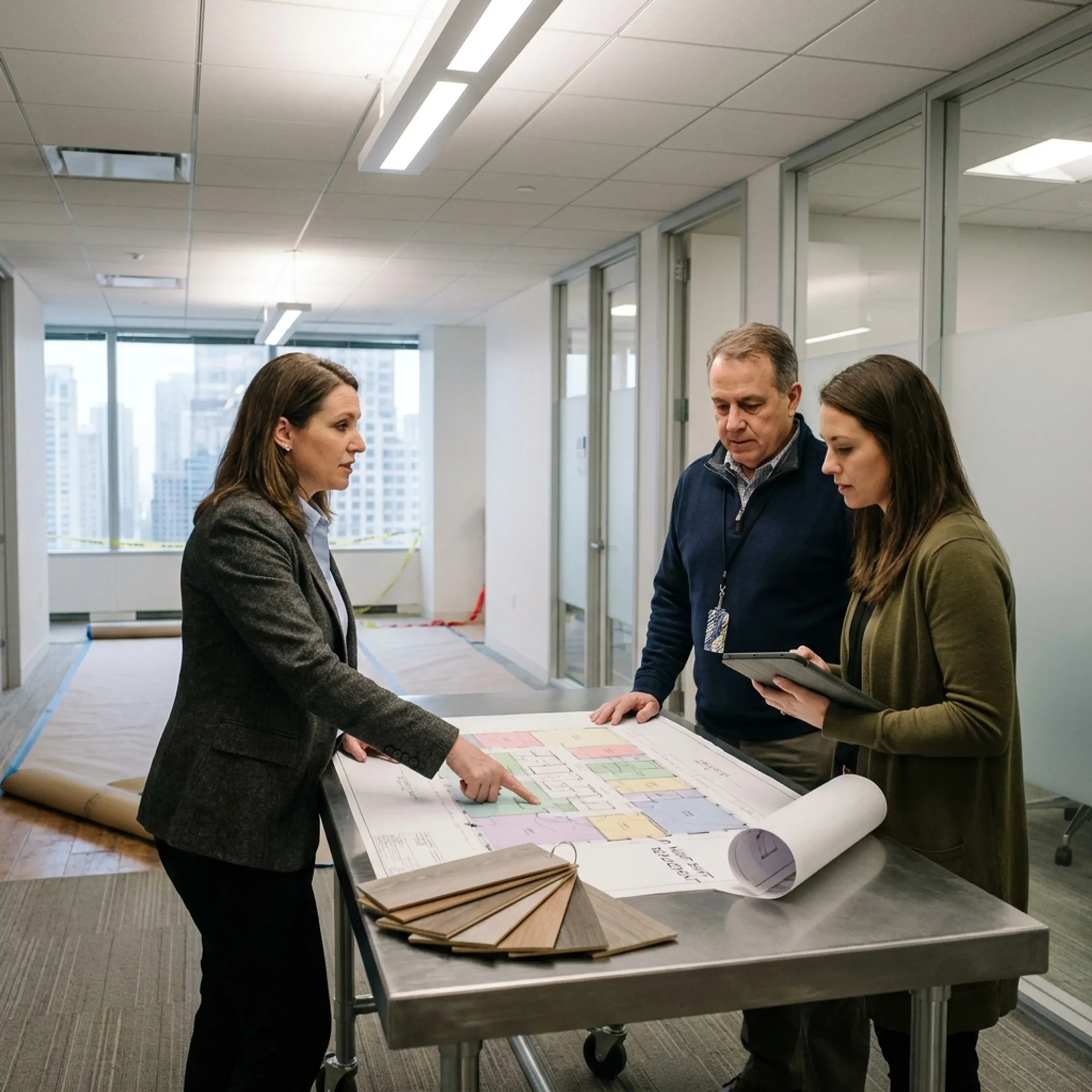 Project manager reviewing commercial flooring plans