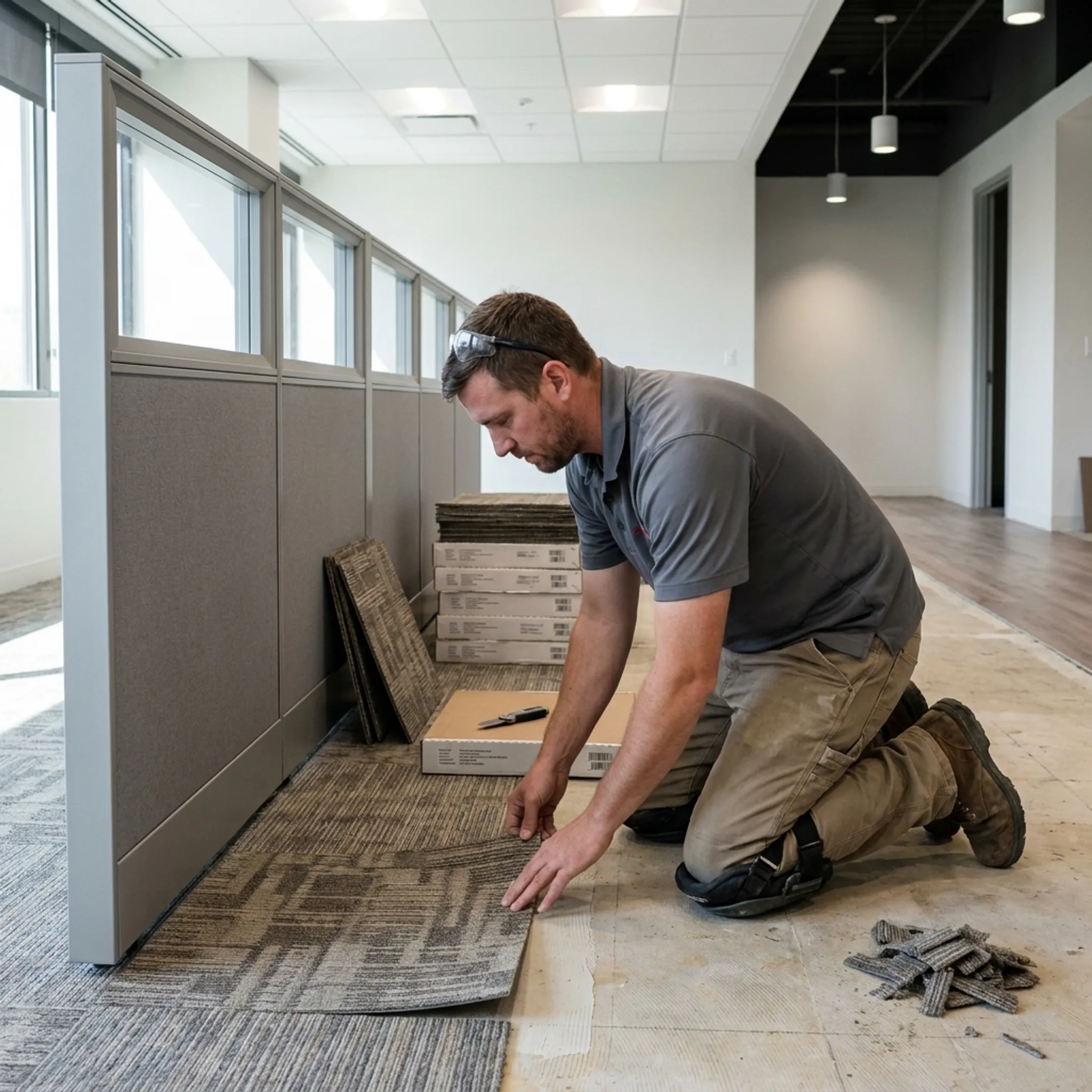 Flooring technician installing modular carpet tile around office furniture