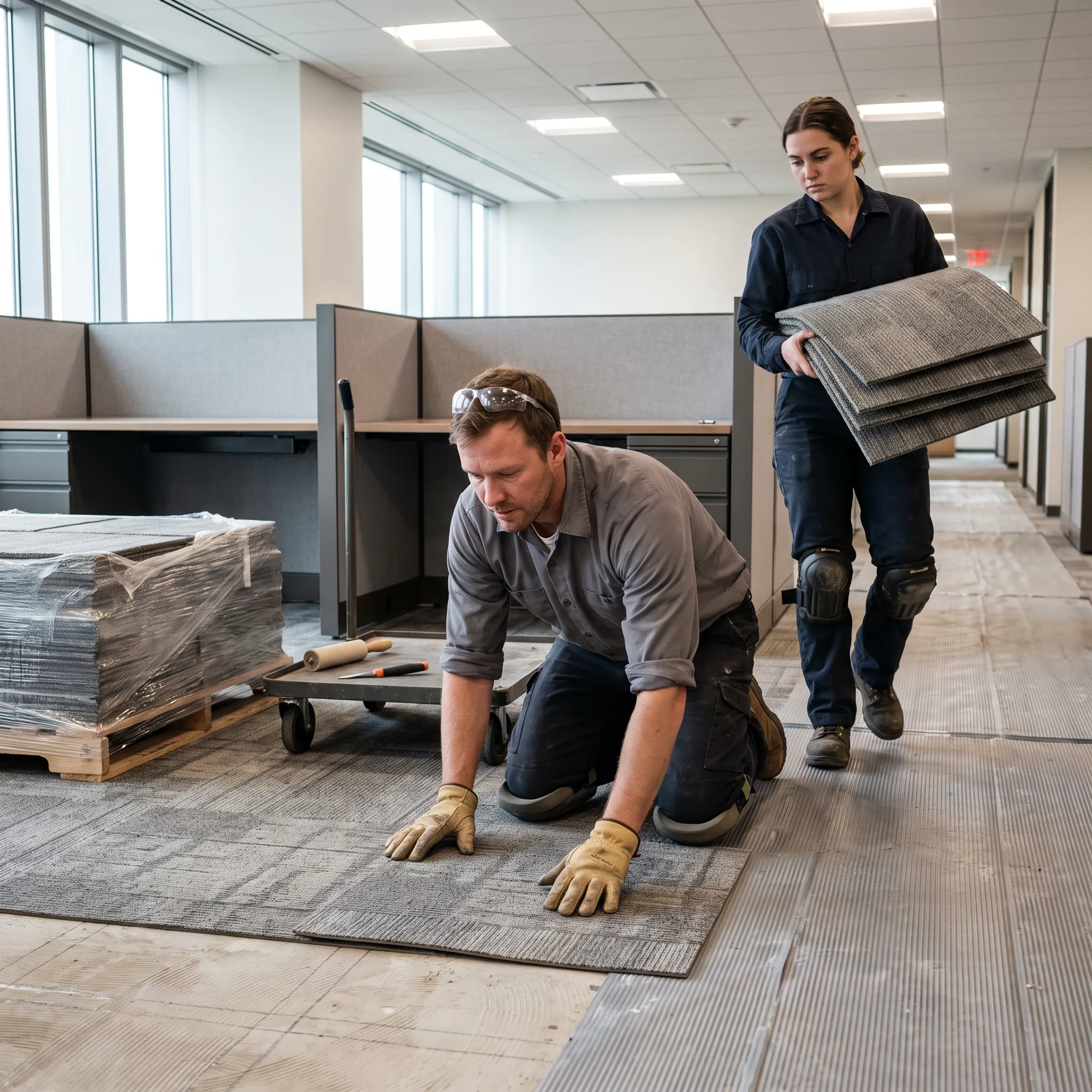 Commercial carpet installation crew preparing subfloor in an office facility