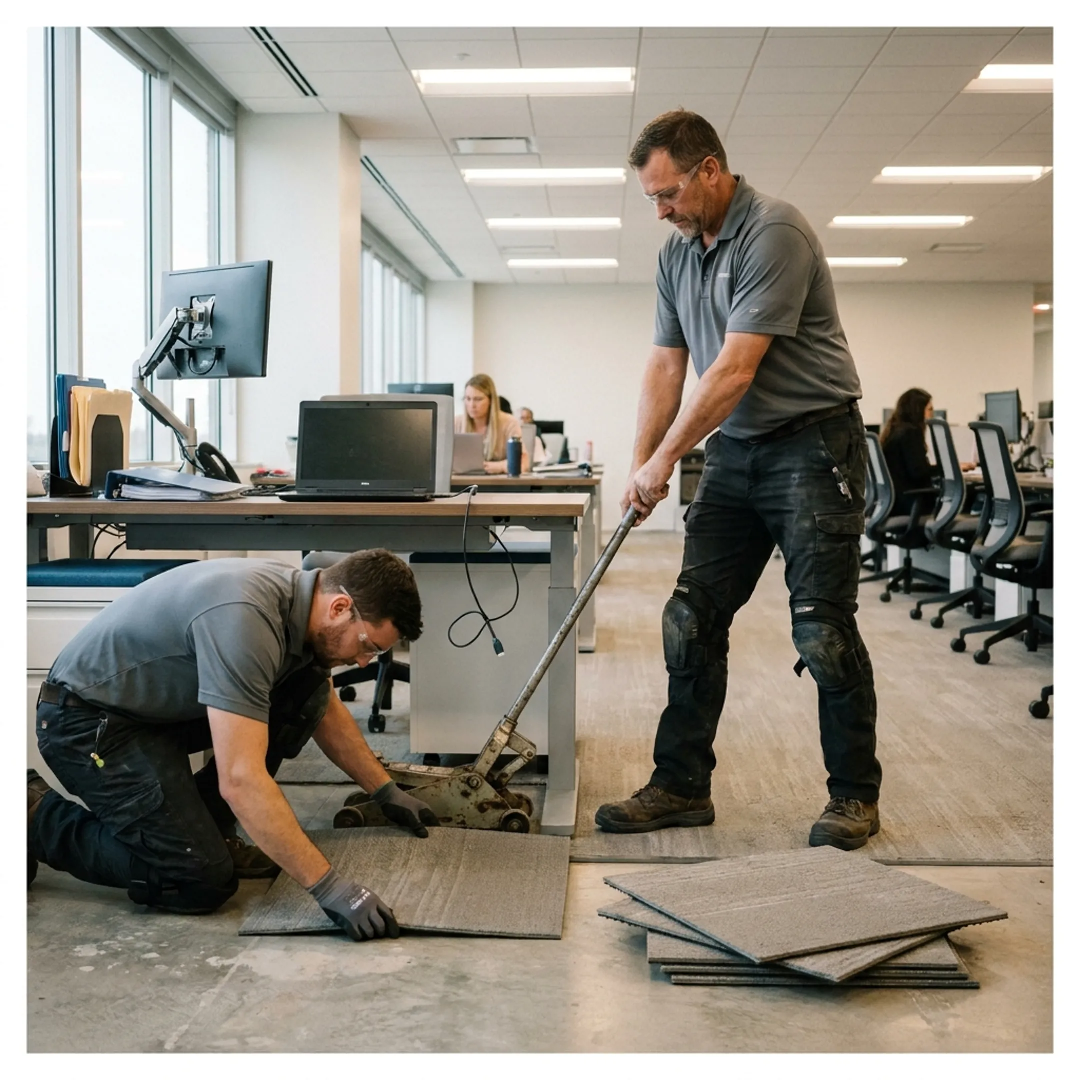 Contractors utilizing furniture lift equipment to install commercial carpet tiles under office cubicles