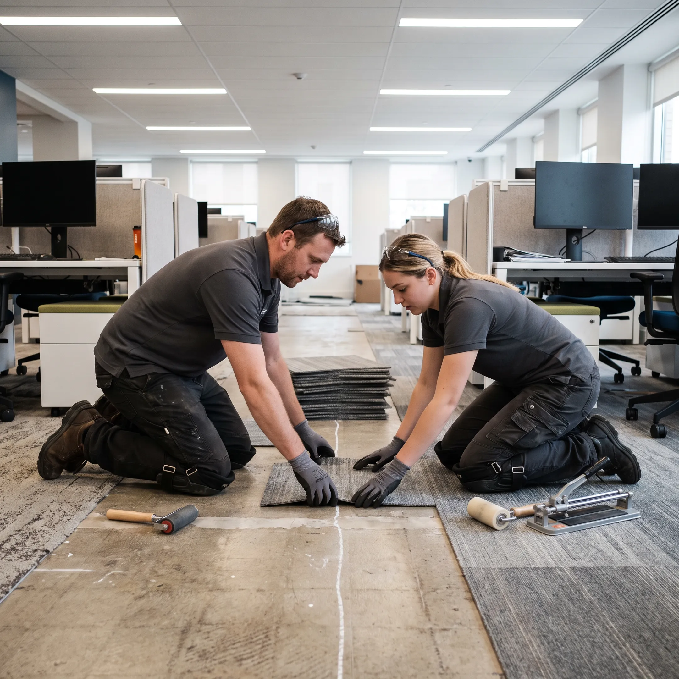 Commercial carpet tile installation being performed in a modern corporate office interior