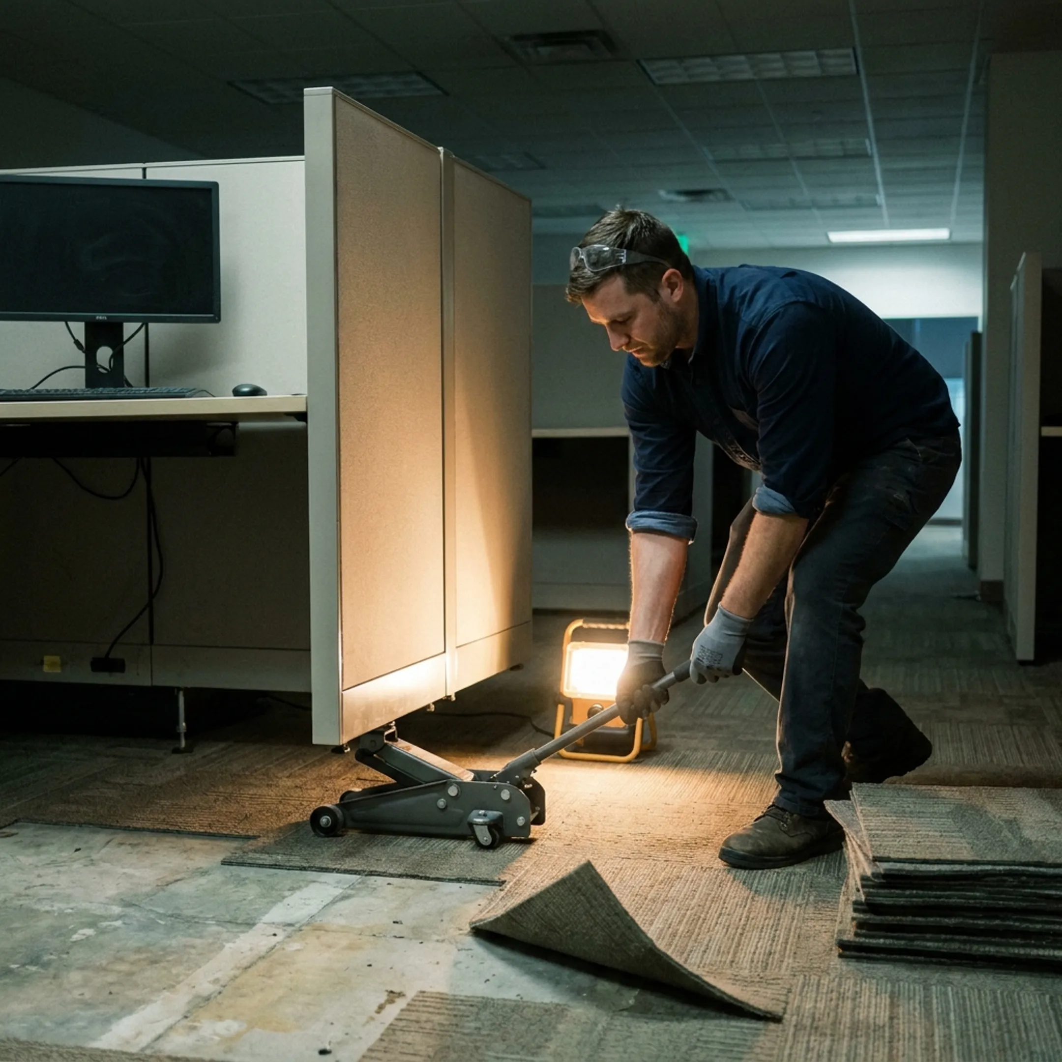 Commercial flooring technician lifting office furniture during flooring replacement