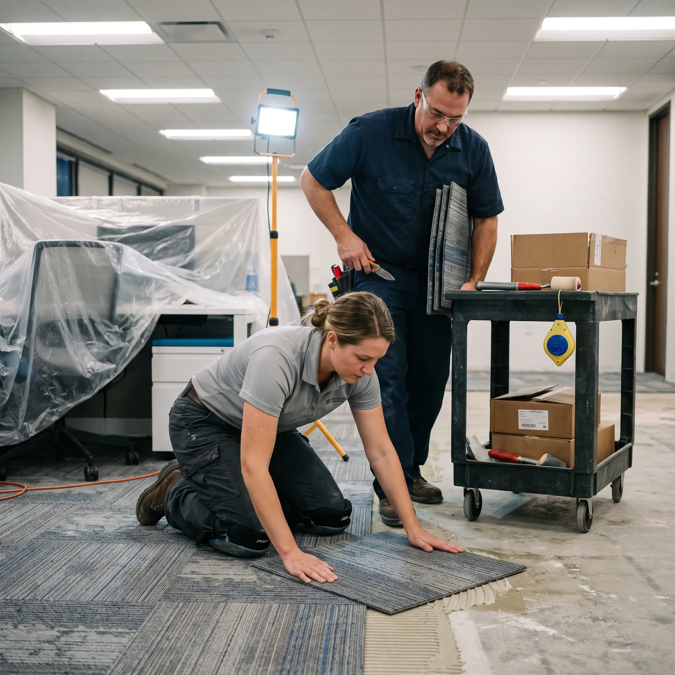 Commercial flooring installation crew working in an occupied Chicago office building