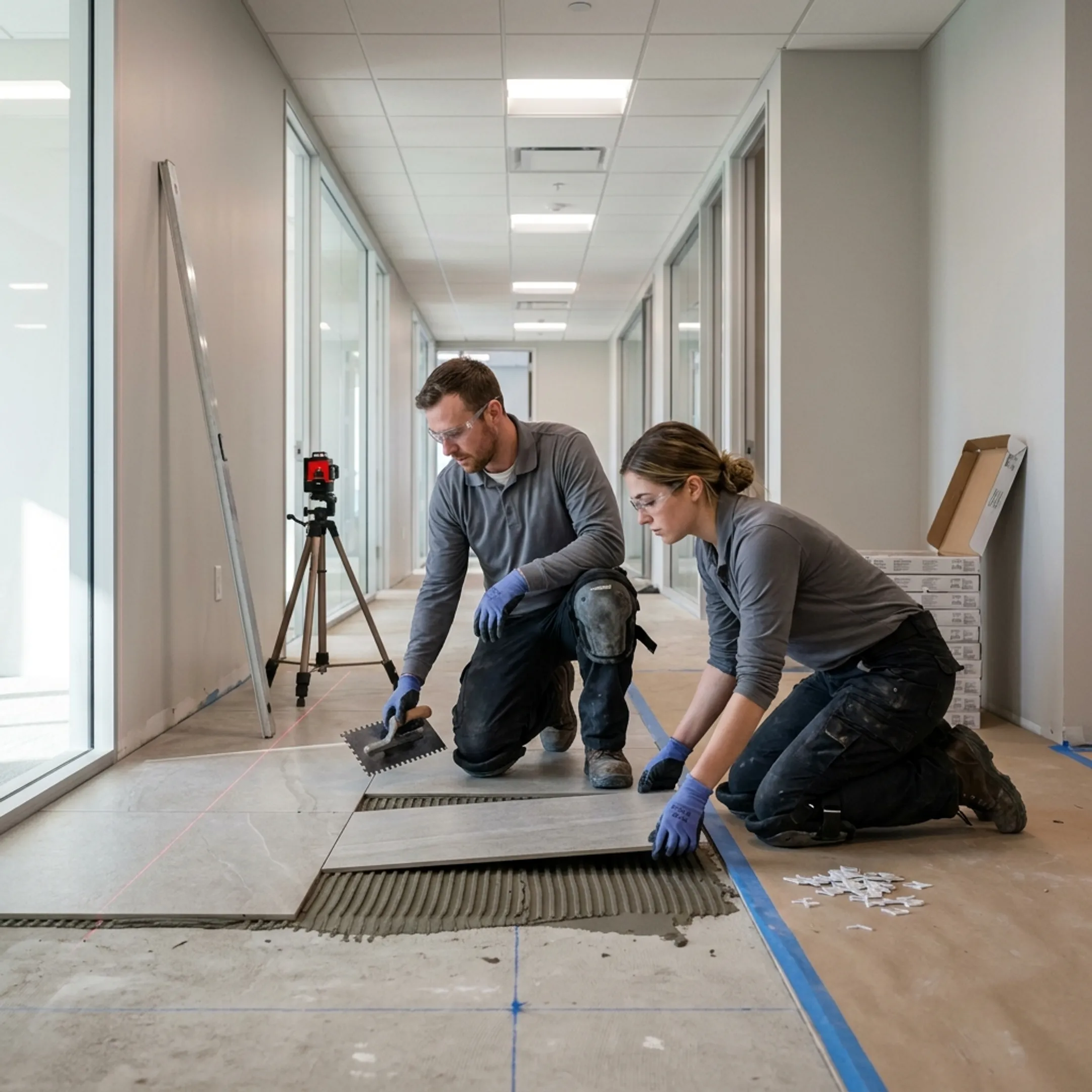 Commercial tile flooring installation in progress across an active facility