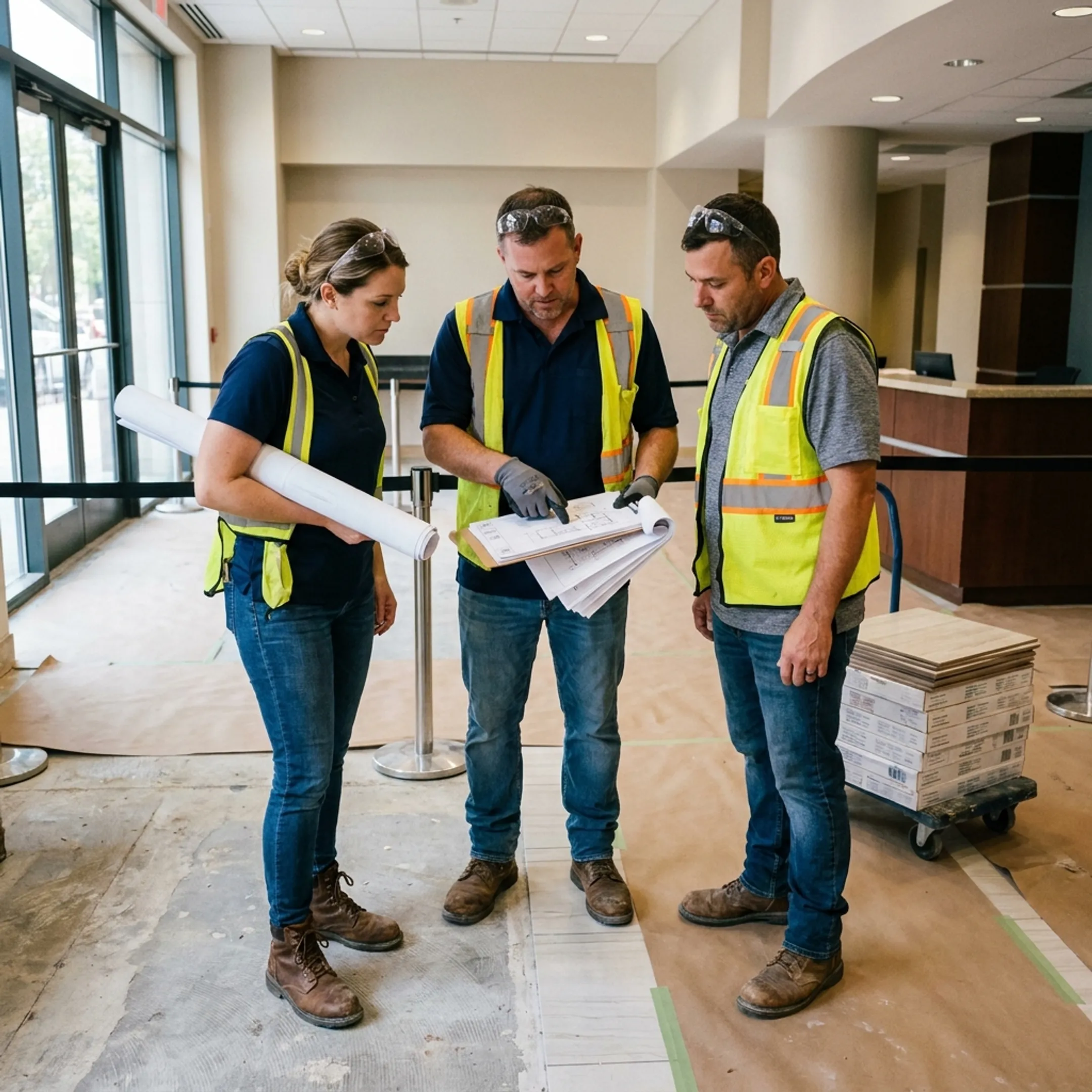 Commercial flooring team reviewing installation blueprints in an office building