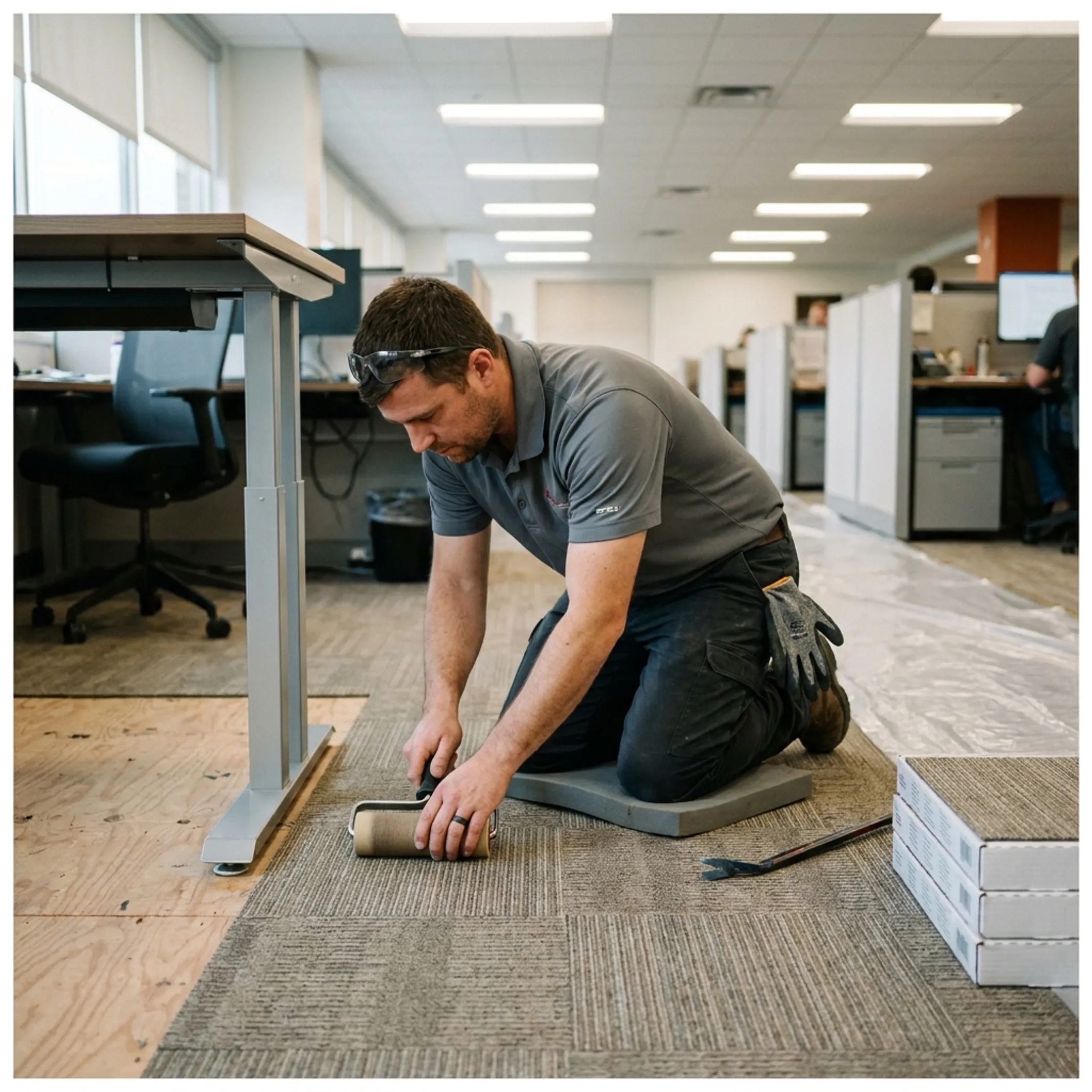 Commercial flooring technician preparing subfloor and placing carpet tiles in a corporate facility.