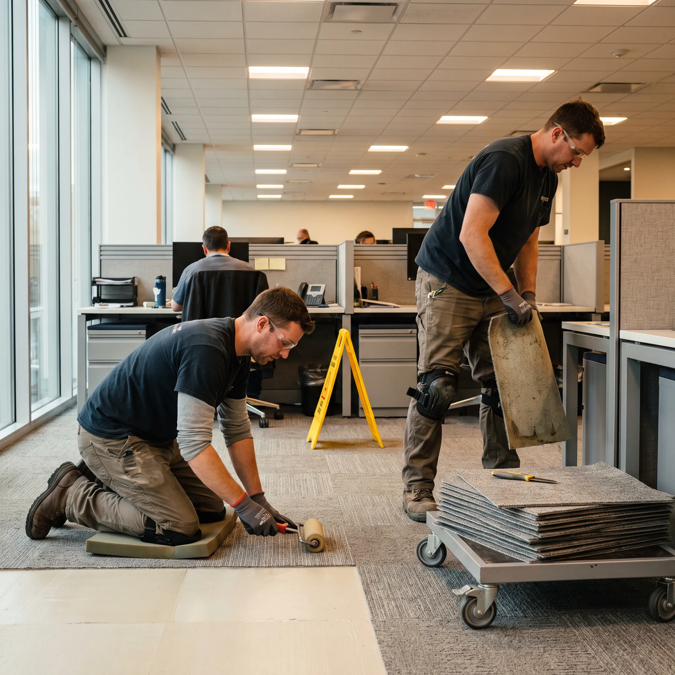 Commercial flooring contractor crew installing modular carpet tiles in an occupied Atlanta office space.