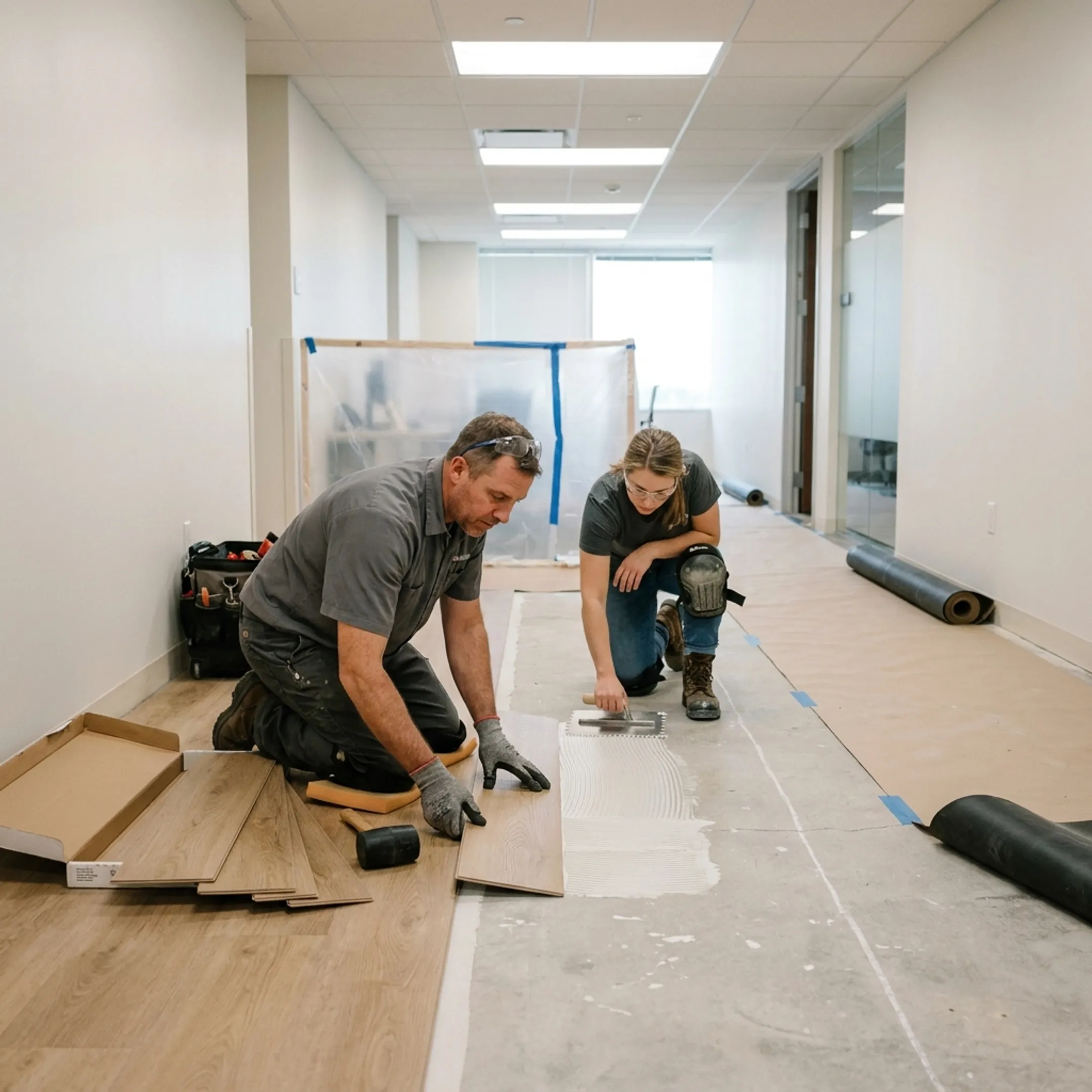 Flooring contractors conducting phased commercial vinyl installation