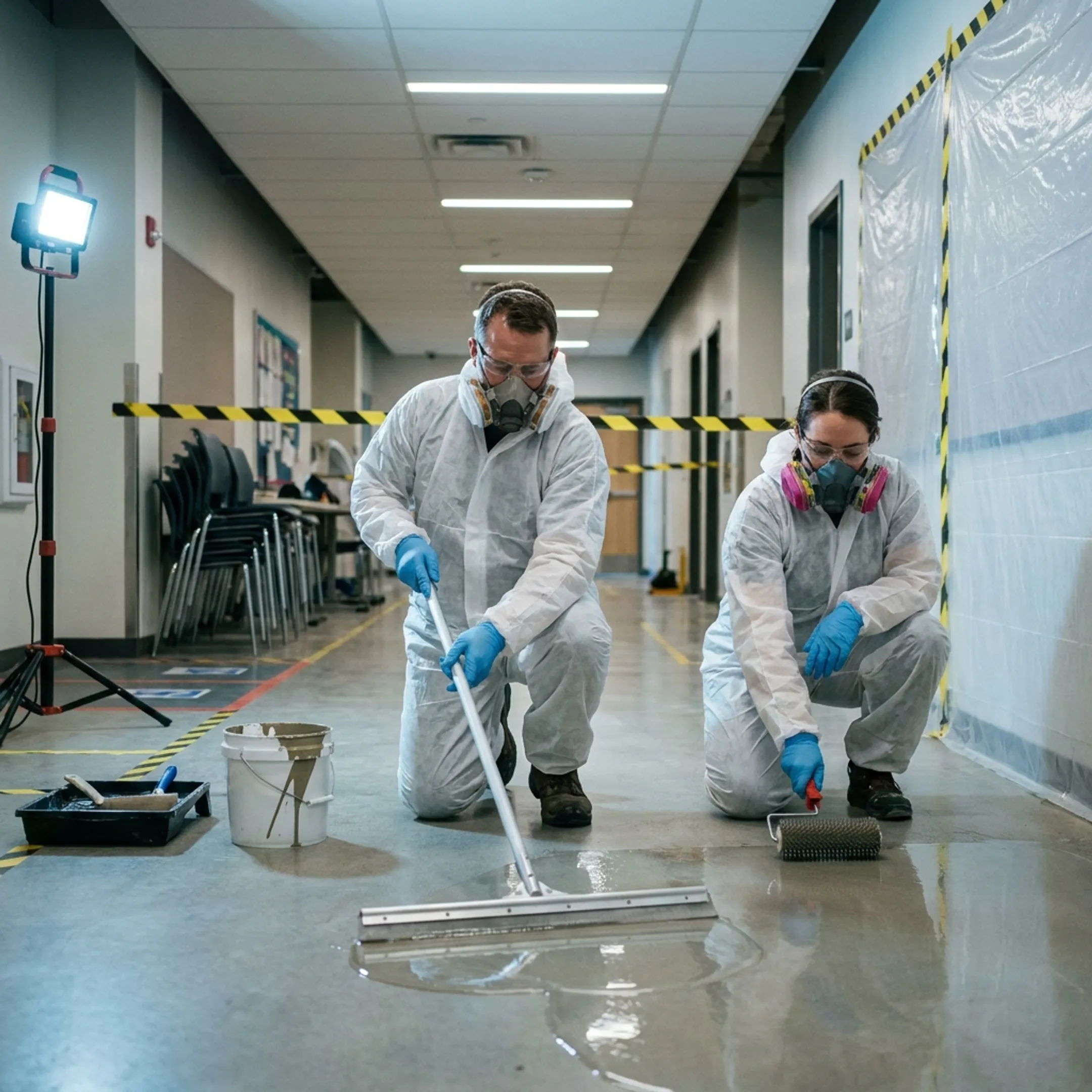 Commercial floor coating application in a spacious corporate facility corridor