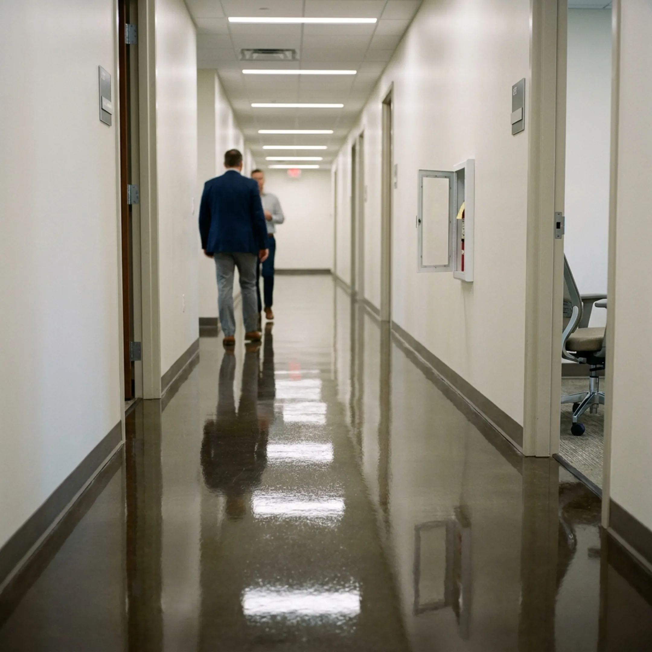 Freshly finished commercial floor coating inside a corporate hallway