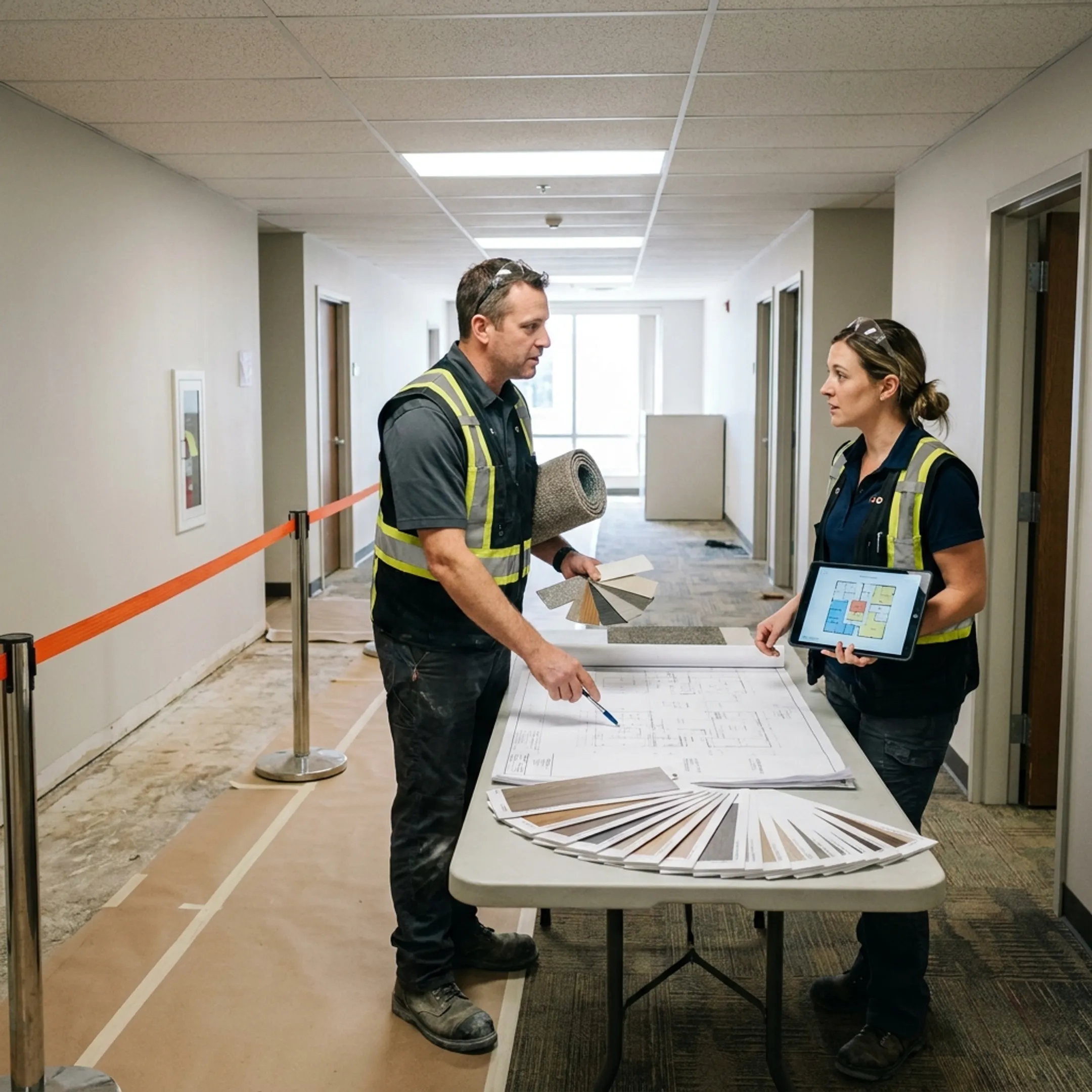 Commercial flooring specialists coordinating materials inside a secure facility