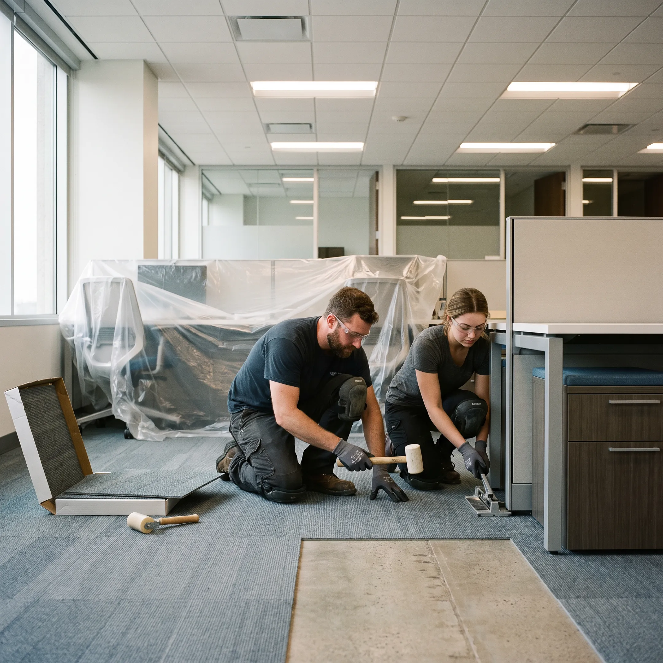 Commercial flooring contractors installing modular carpet tiles in an active corporate office