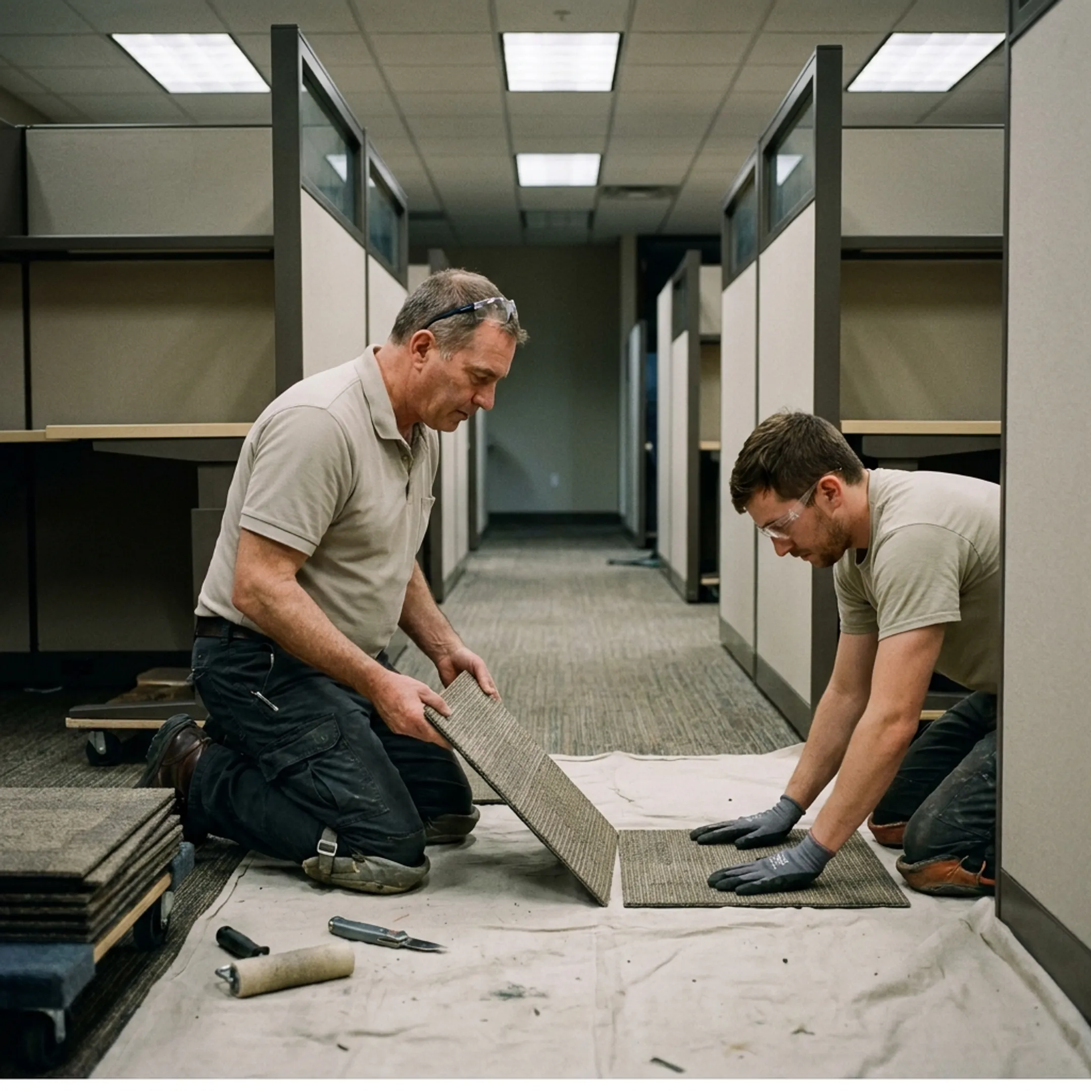 Technicians performing commercial flooring installation using furniture lift tools