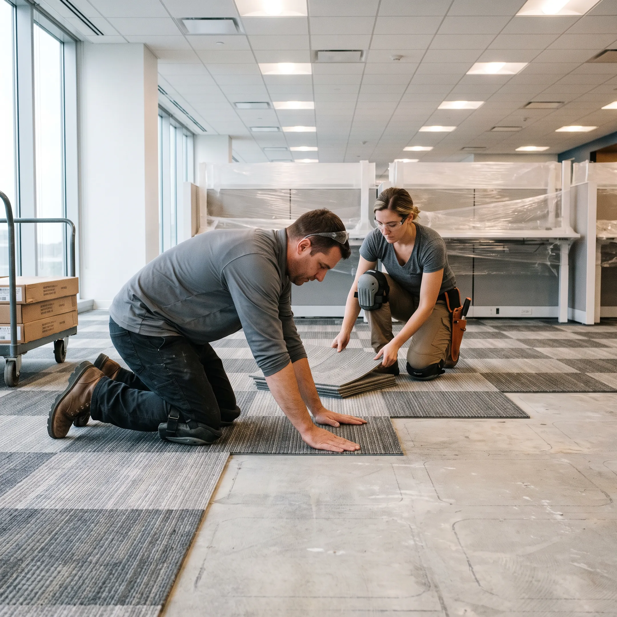 Commercial flooring installation contractors working in a Boston corporate office