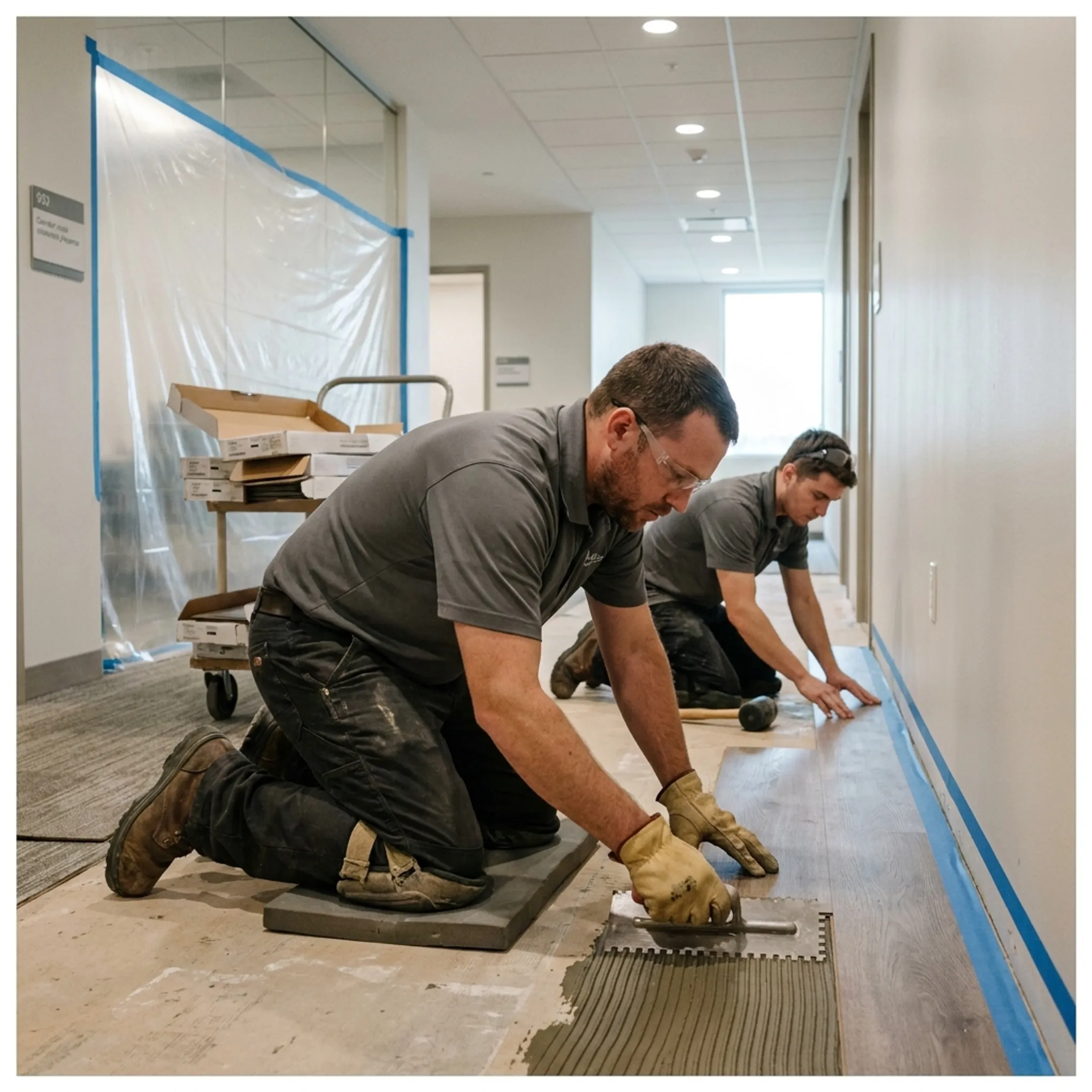 Technicians coordinating phased commercial flooring installation in an occupied facility