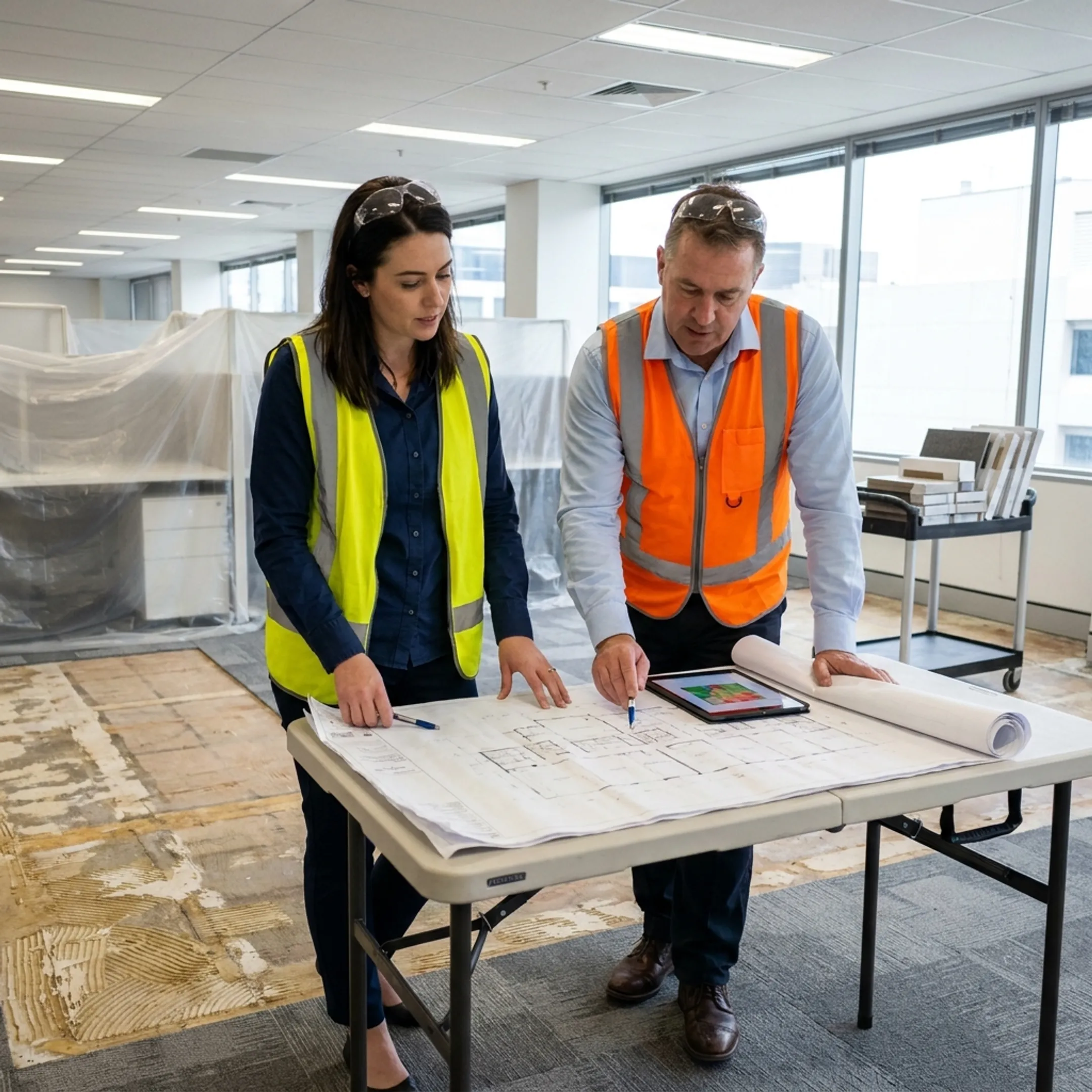 Flooring contractors reviewing commercial installation plans on site