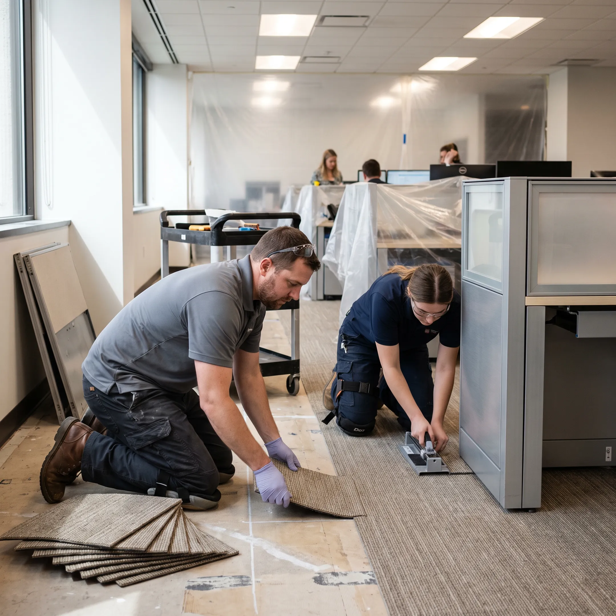 Commercial flooring installers replacing modular carpet tiles in an active corporate office