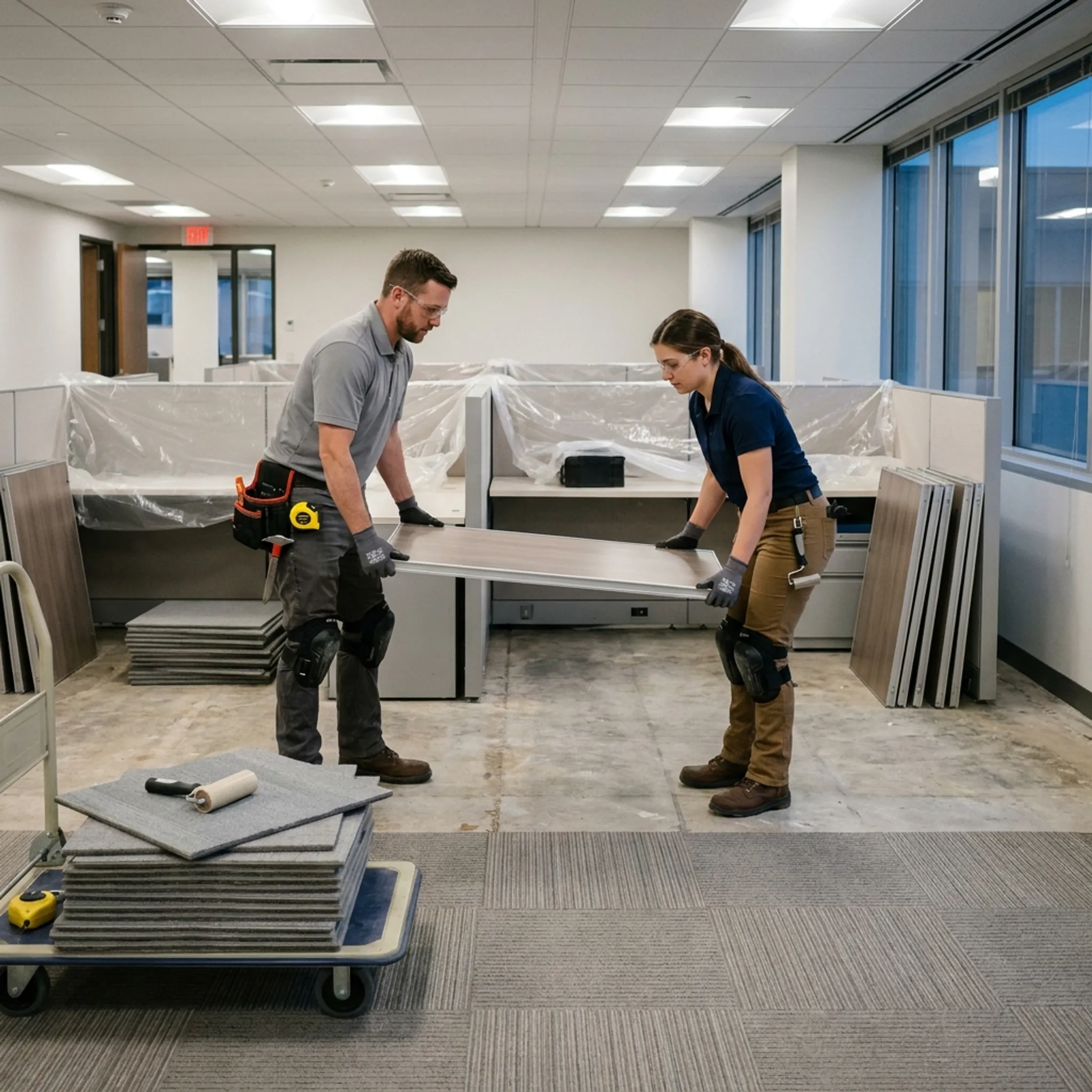 Technicians installing modular carpet tiles using furniture lift equipment