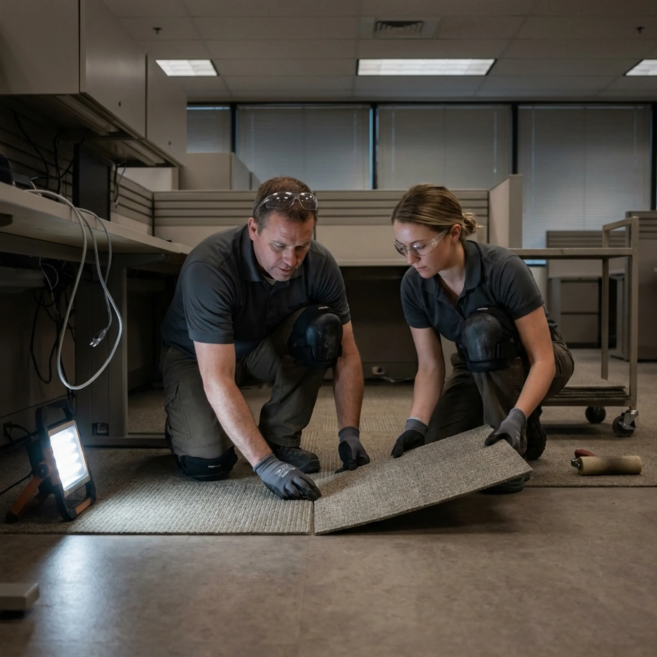 Technicians performing phased commercial flooring installation under office furniture
