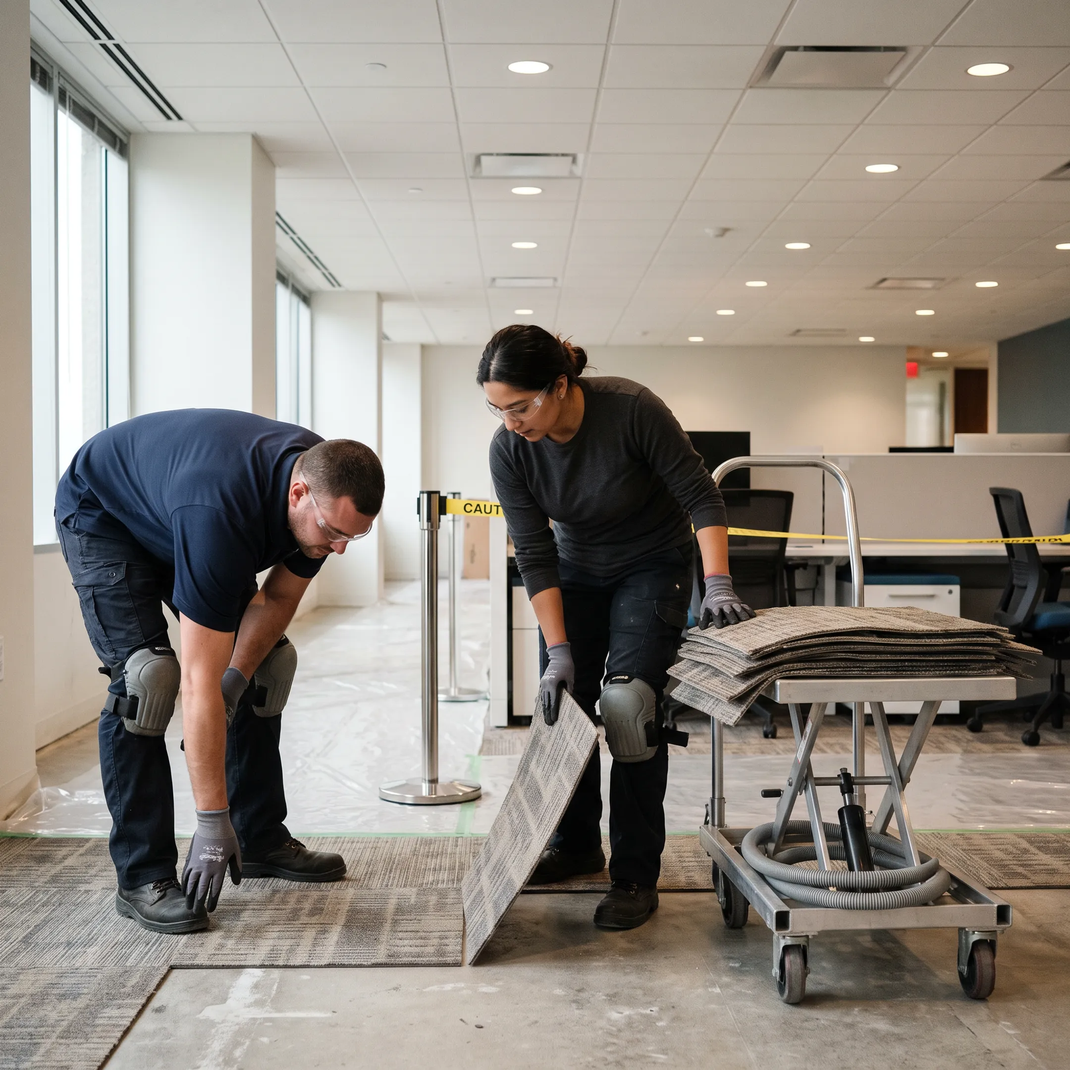 Commercial flooring installation specialists replacing carpet tiles in an active office