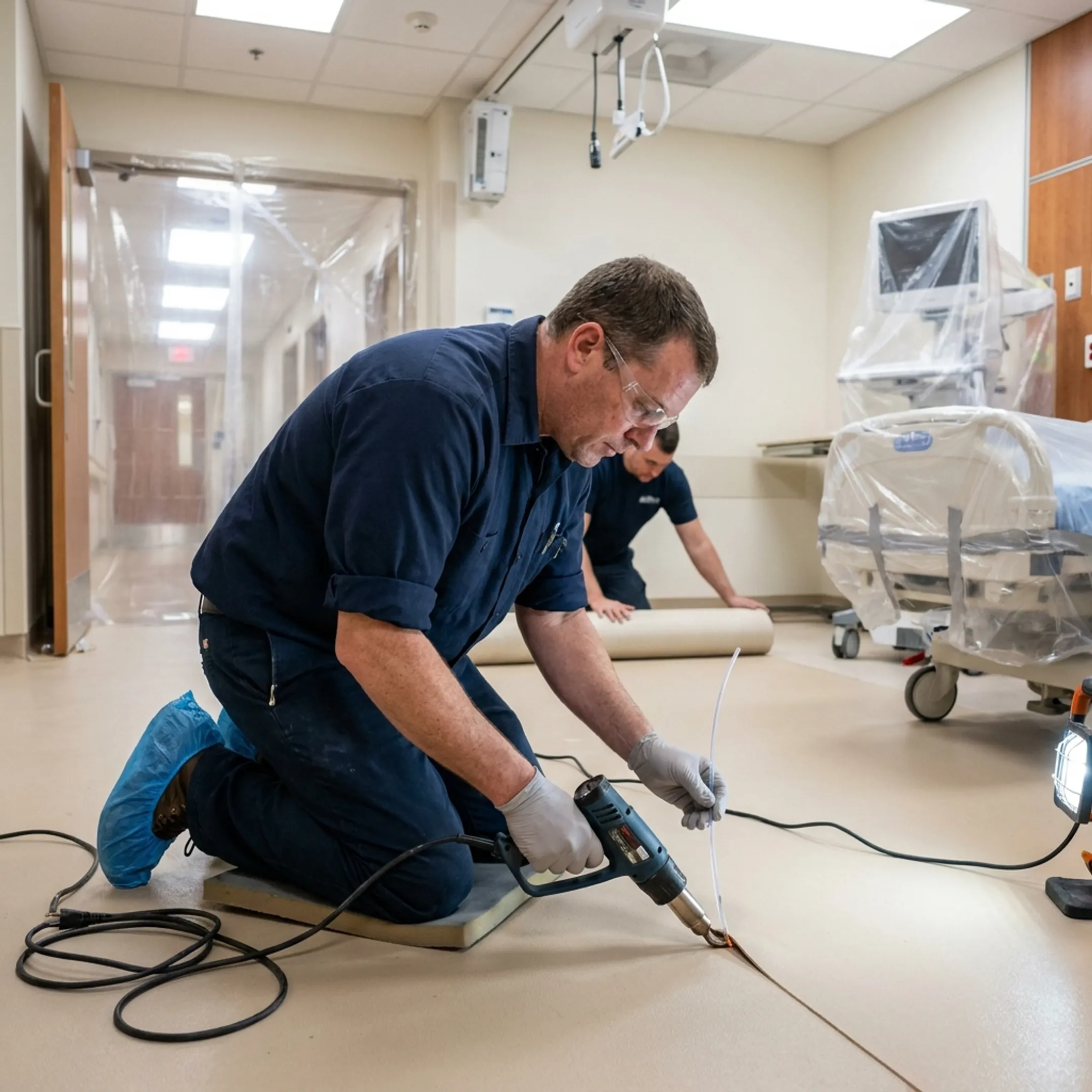 Seamless rubber flooring installed inside a sanitized hospital patient room