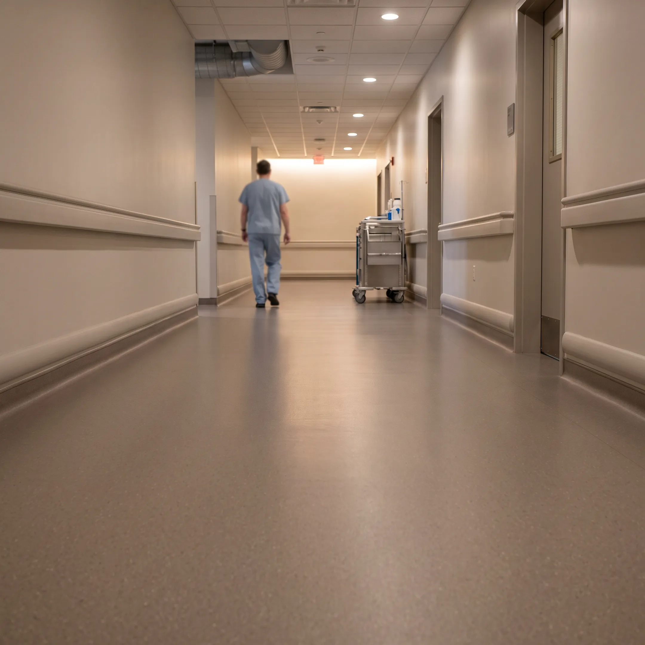 Durable rubber flooring installed in an active hospital corridor