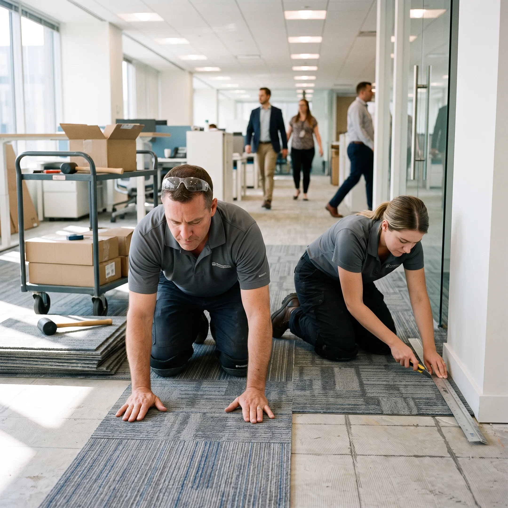 Commercial flooring installation in a modern Denver office building
