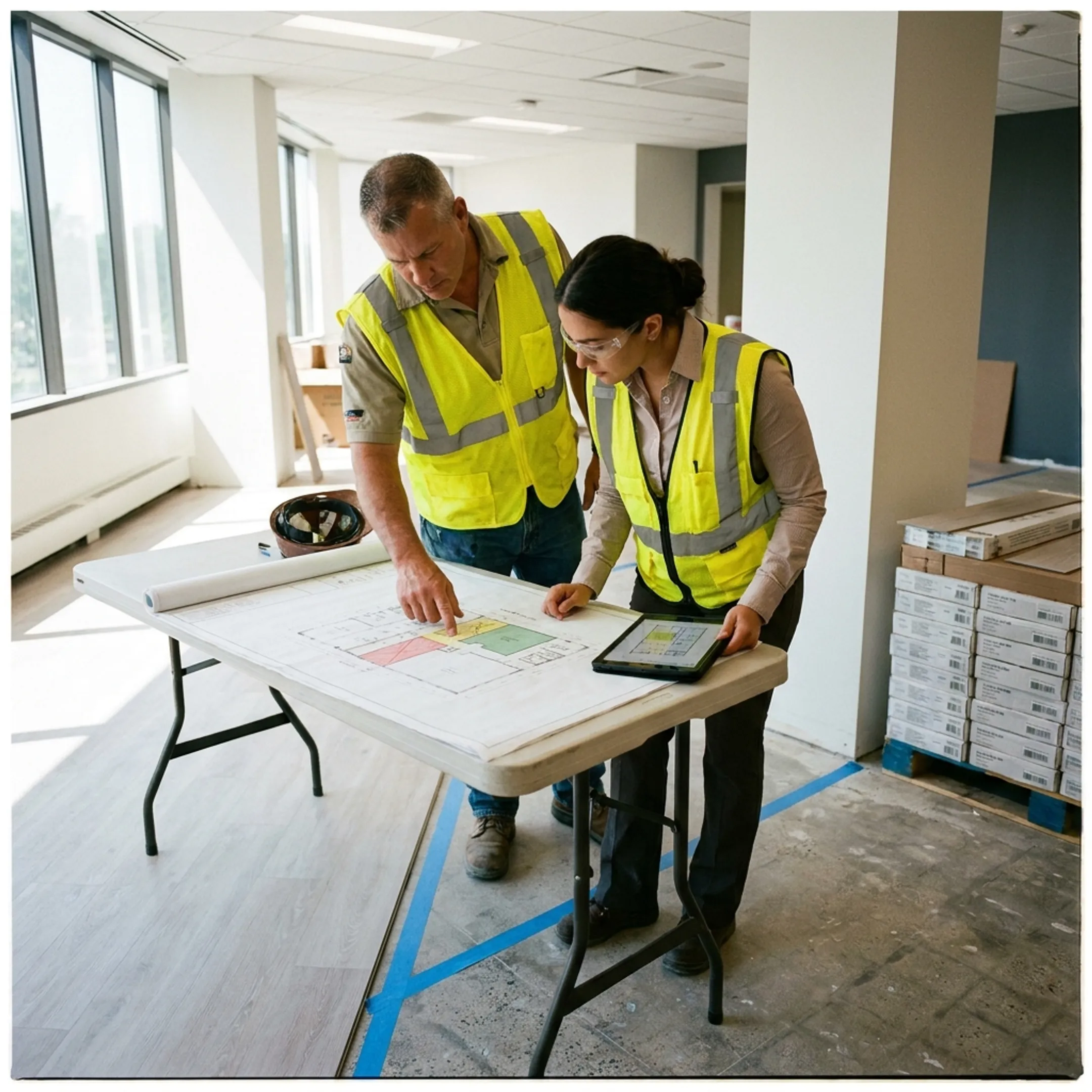 Project managers reviewing commercial flooring plans on a clipboard inside a facility