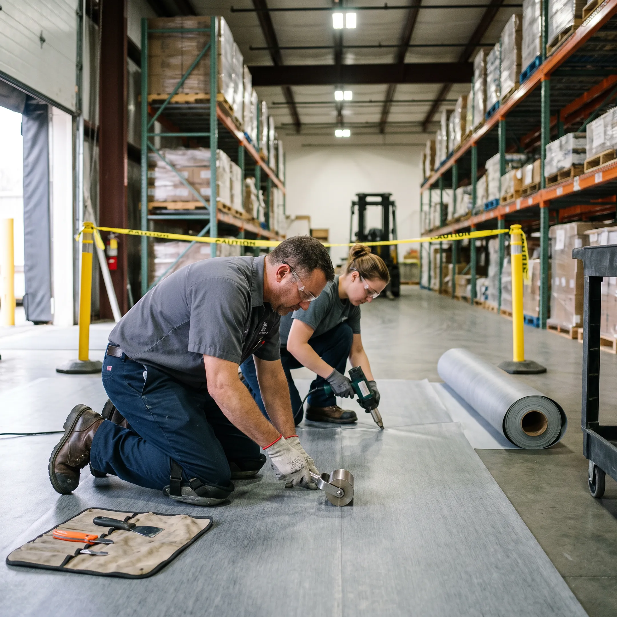 Commercial technicians installing resilient flooring in an industrial facility