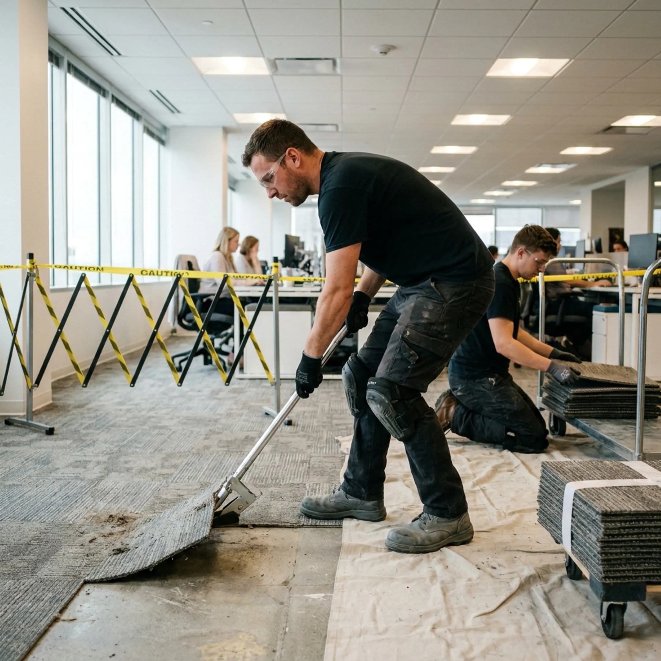 Specialized crew executing phased commercial floor repair and subfloor prep